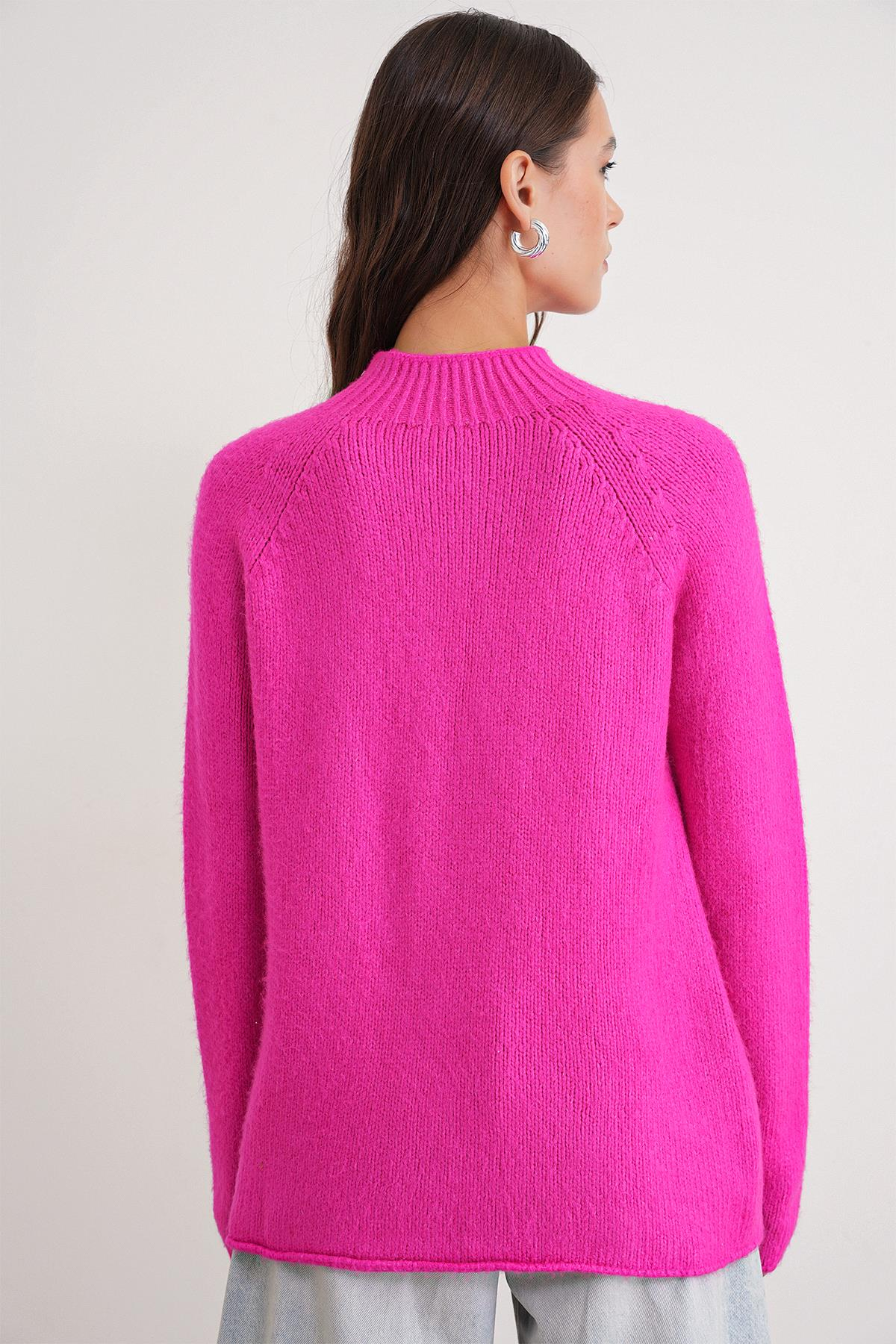 6849 Kadın Dikişsiz Dik Yaka Triko Kazak Fuşya