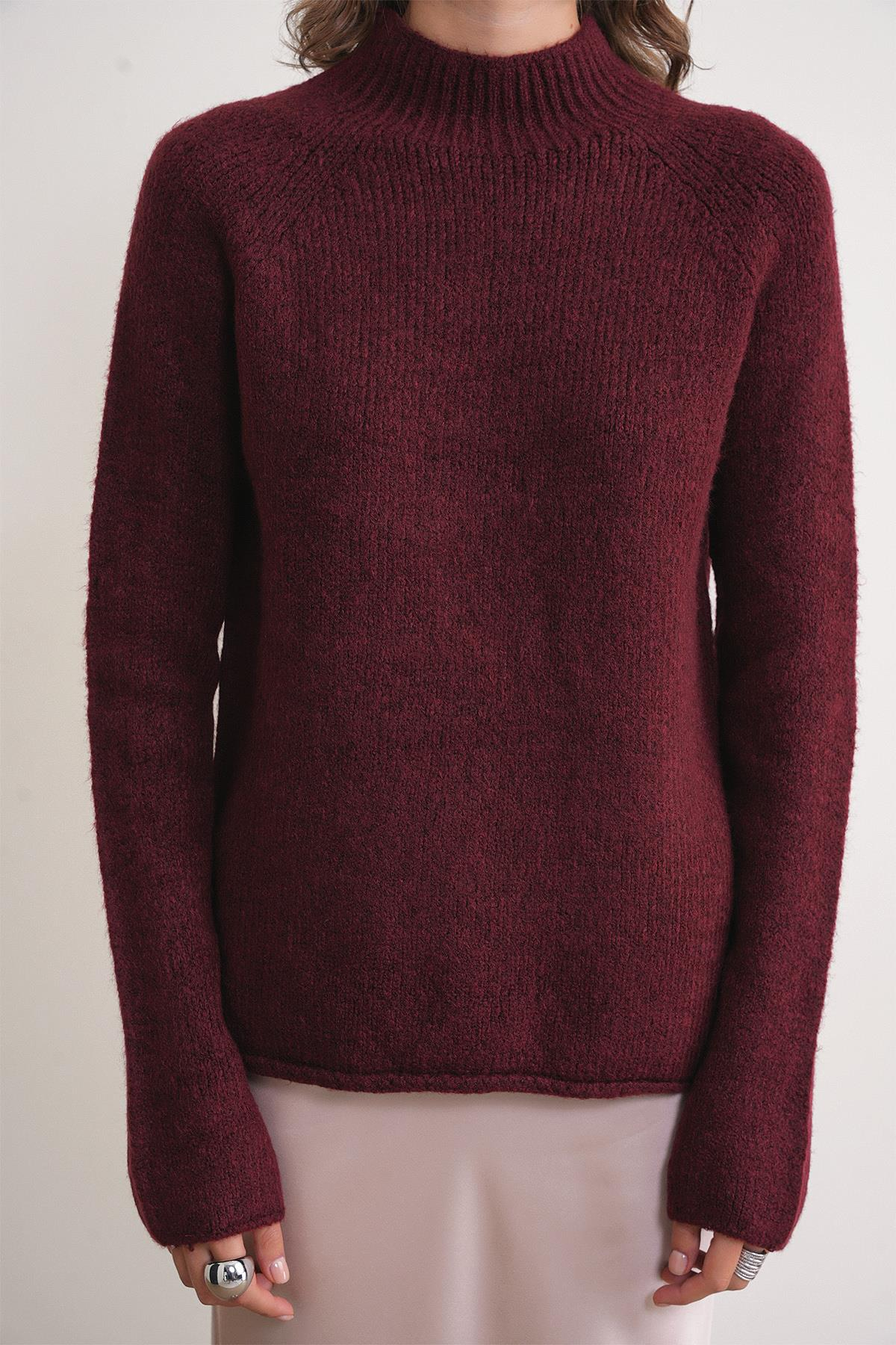 6849 Kadın Dikişsiz Dik Yaka Triko Kazak Bordo