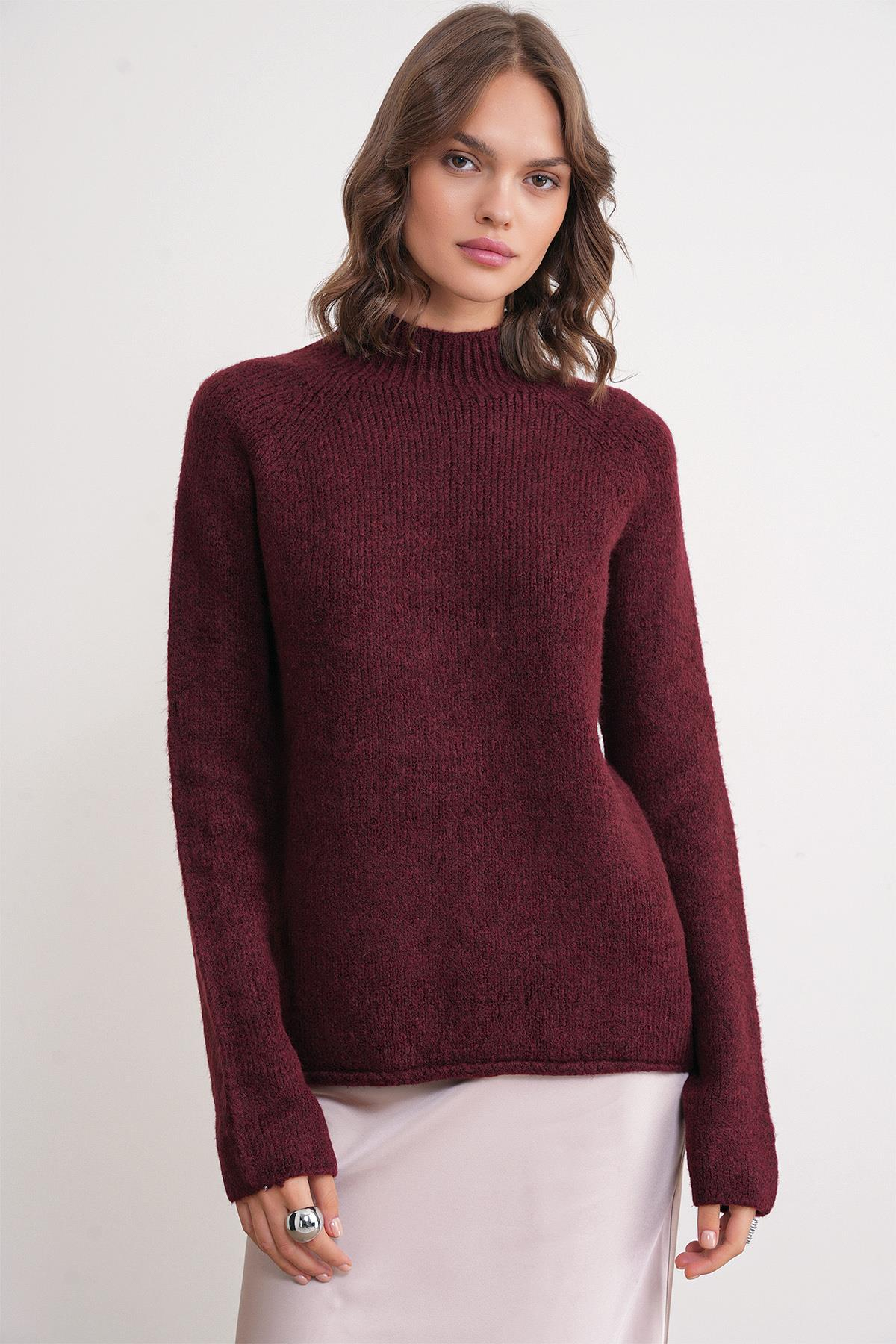 6849 Kadın Dikişsiz Dik Yaka Triko Kazak Bordo