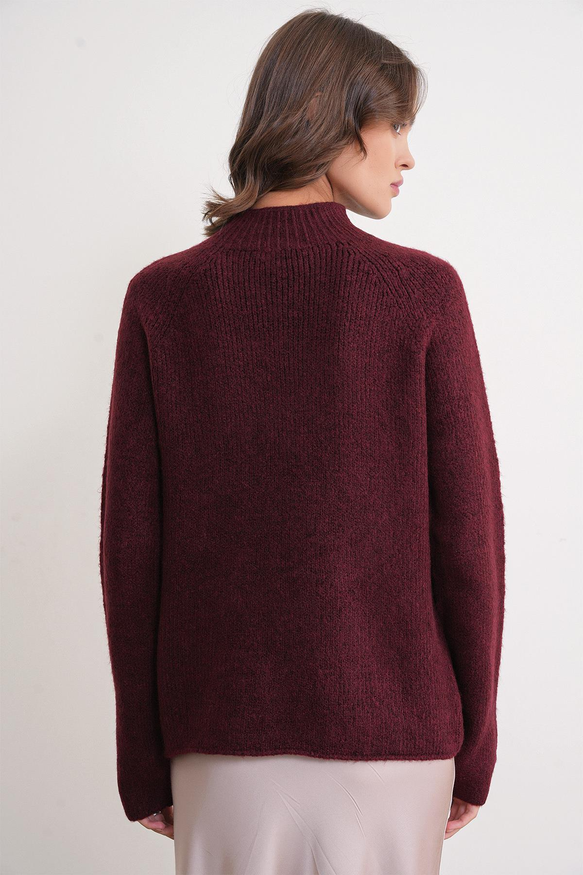 6849 Kadın Dikişsiz Dik Yaka Triko Kazak Bordo