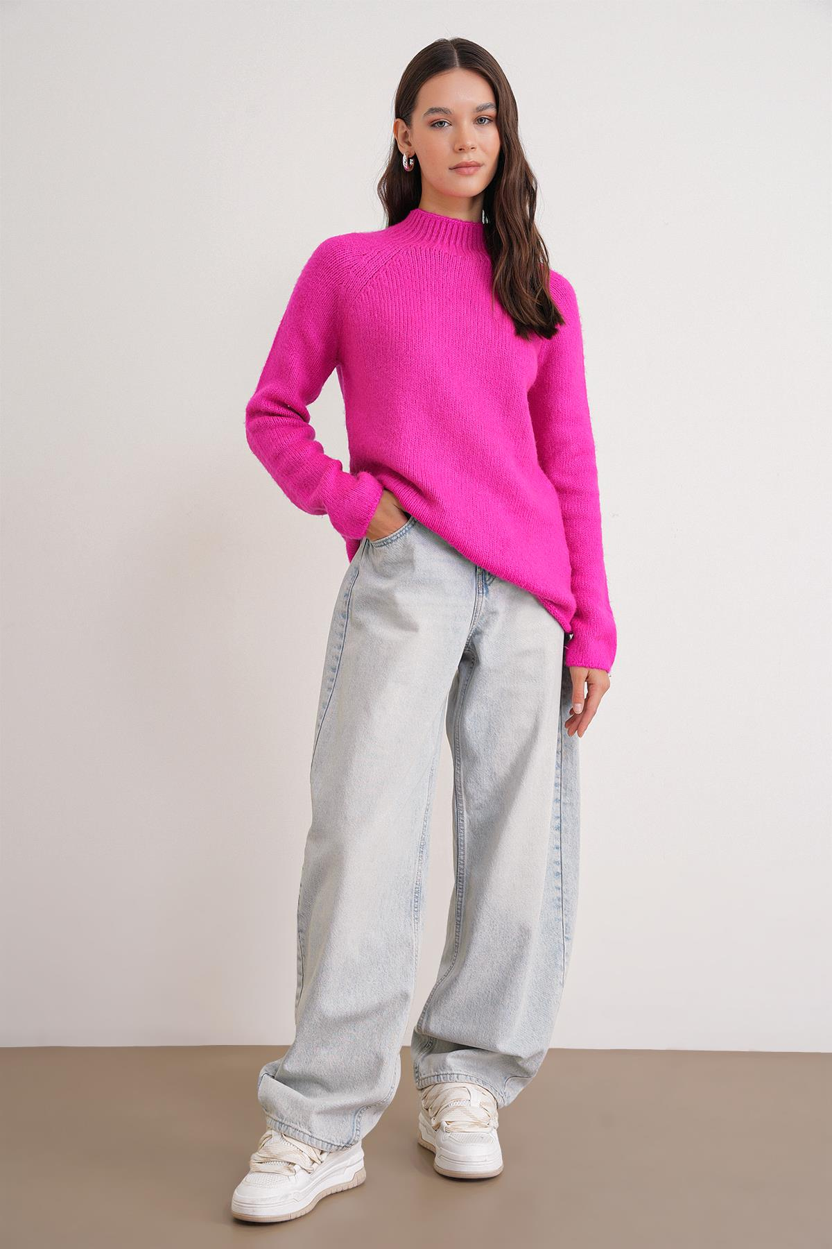 6849 Kadın Dikişsiz Dik Yaka Triko Kazak Fuşya