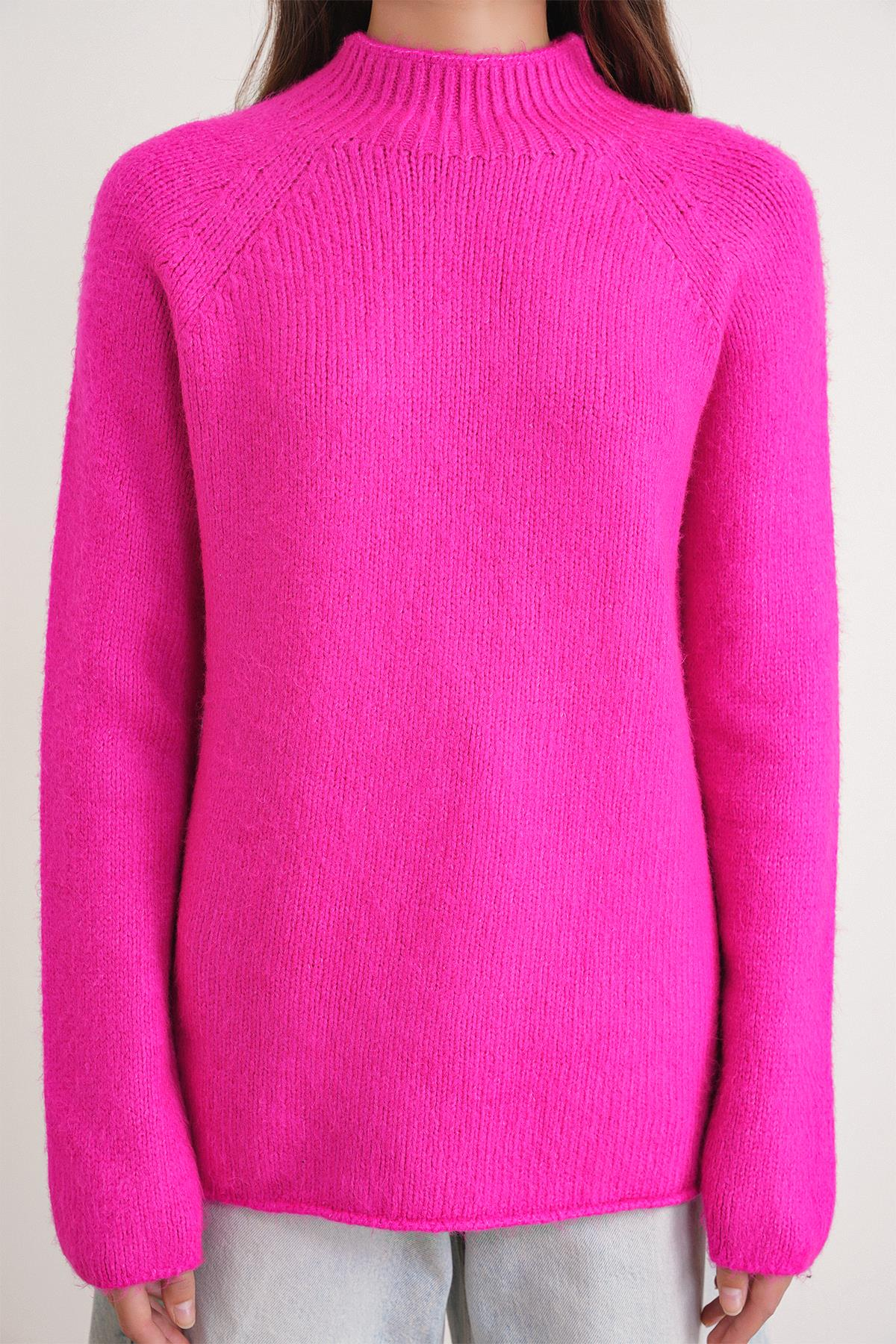 6849 Kadın Dikişsiz Dik Yaka Triko Kazak Fuşya