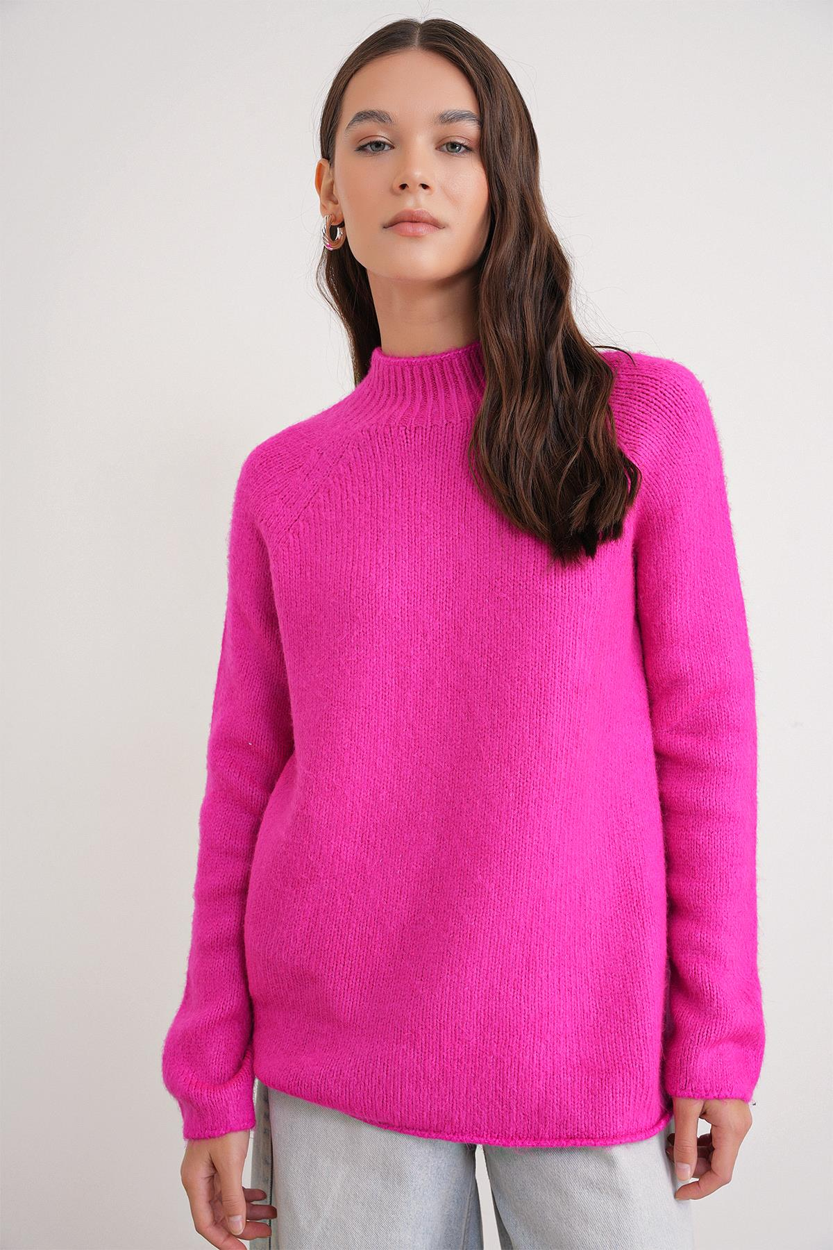6849 Kadın Dikişsiz Dik Yaka Triko Kazak Fuşya