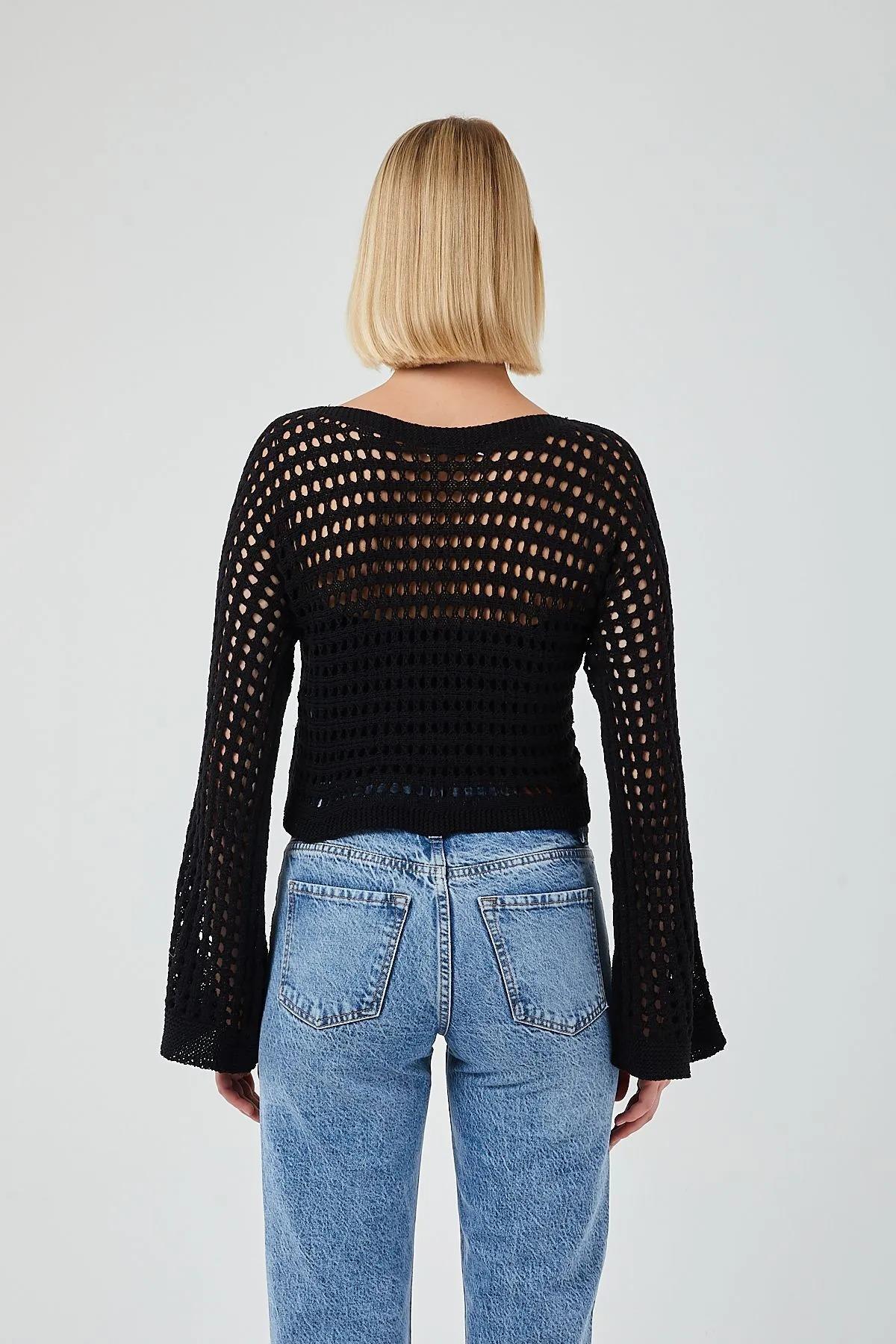 6853 Kadın Ispanyol Kol Ajurlu Crop Kazak Siyah