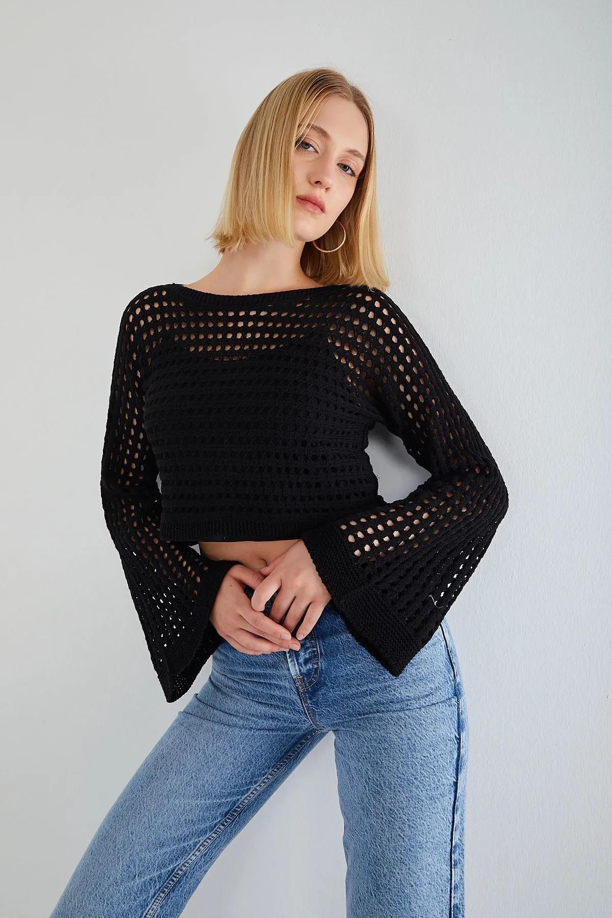 6853 Kadın Ispanyol Kol Ajurlu Crop Kazak Siyah