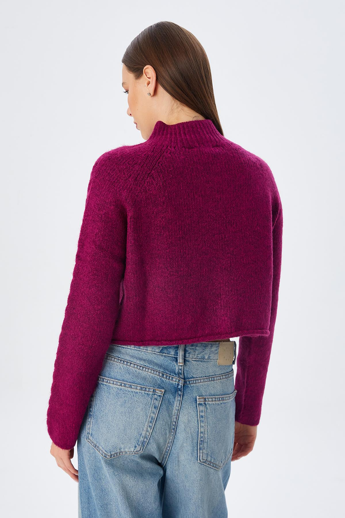 6855 Kadın Dik Yaka Saç Örgülü Triko Kazak Mor