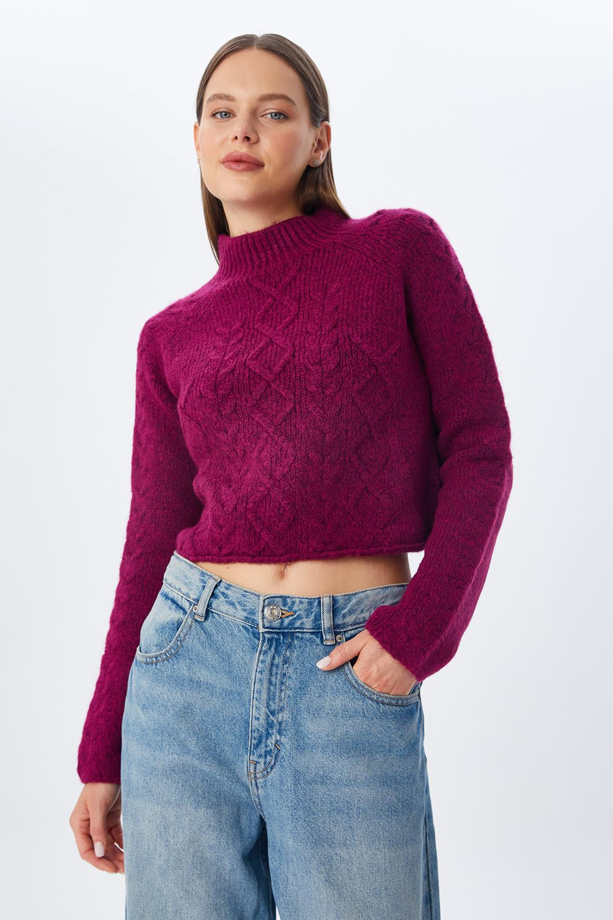 6855 Kadın Dik Yaka Saç Örgülü Triko Kazak Mor