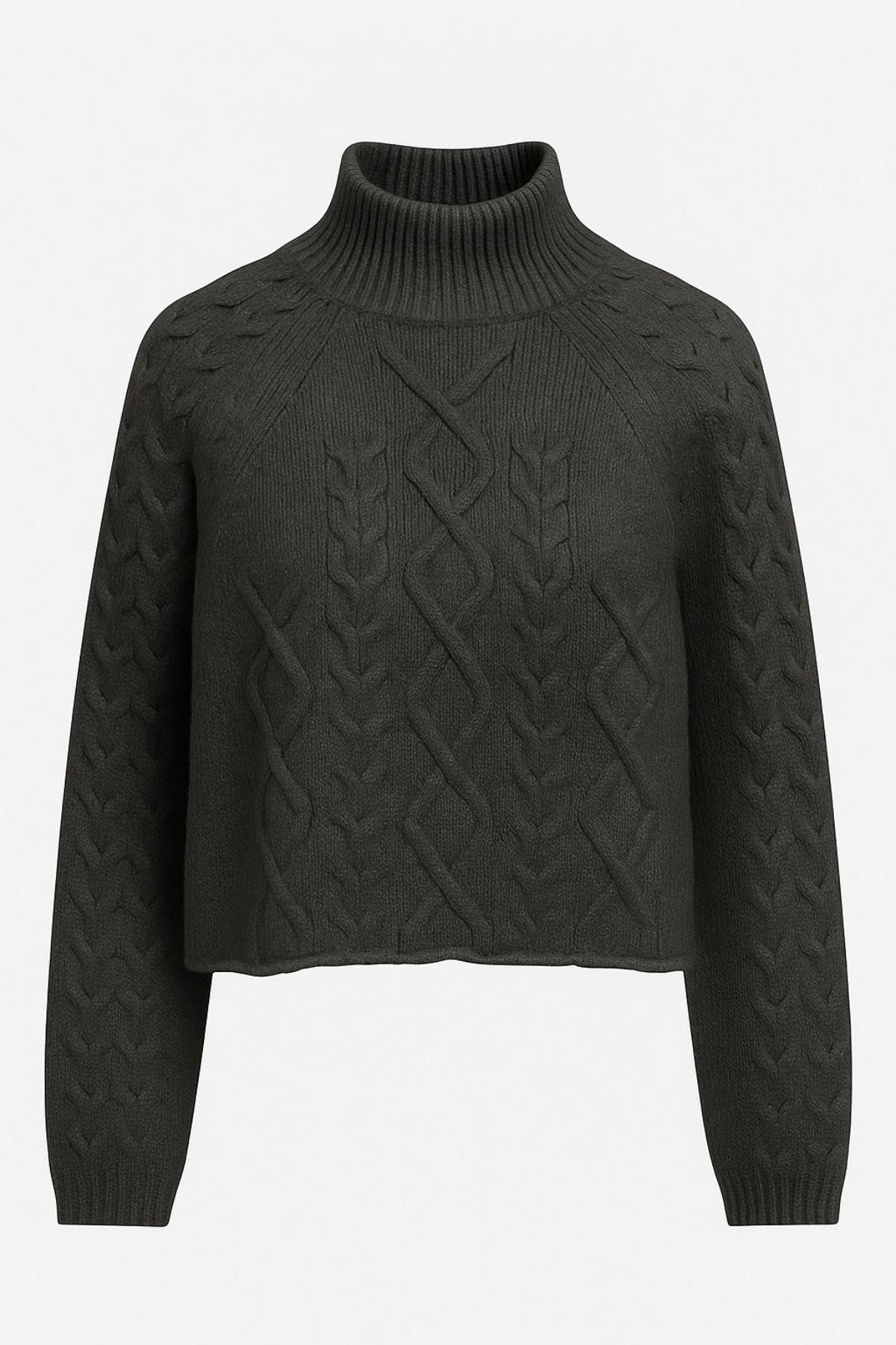 6855 Kadın Dik Yaka Saç Örgülü Triko Kazak Antrasit