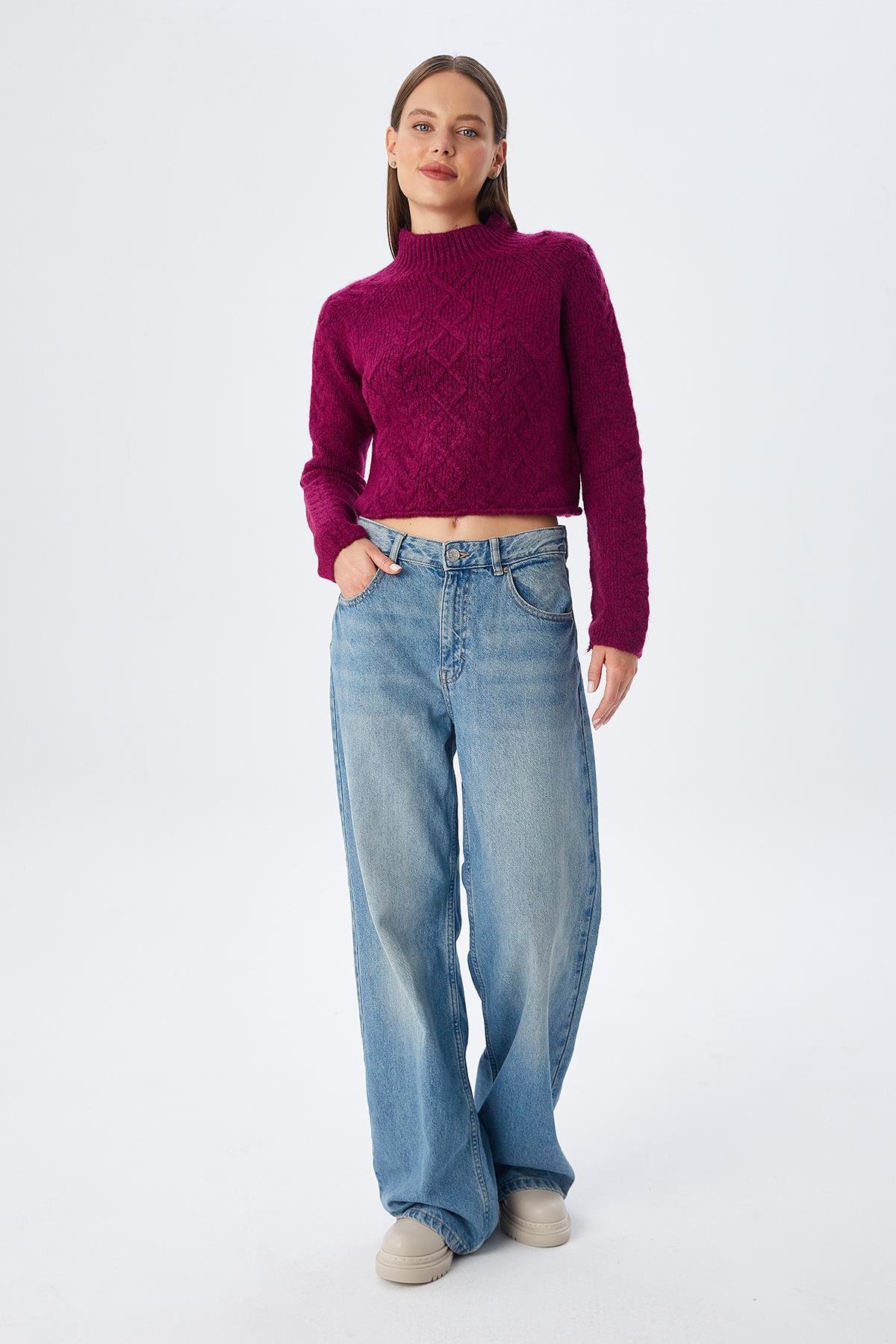 6855 Kadın Dik Yaka Saç Örgülü Triko Kazak Mor