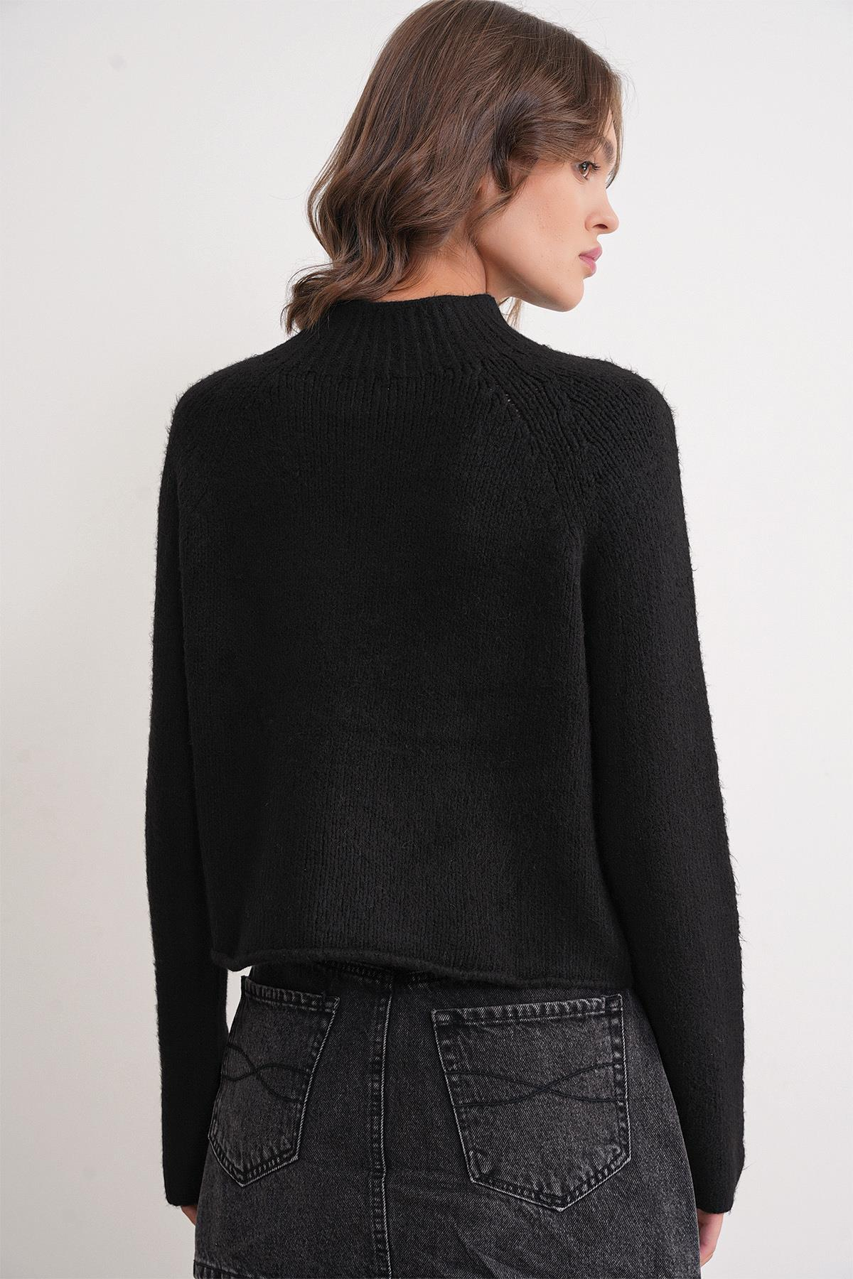 6855 Kadın Dik Yaka Saç Örgülü Triko Kazak Siyah