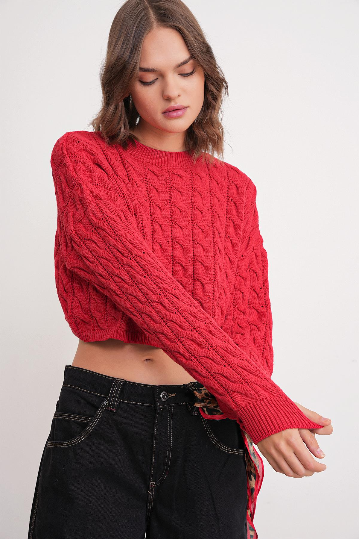 6863 Kadın Saç Örgülü Crop Triko Kazak Kırmızı