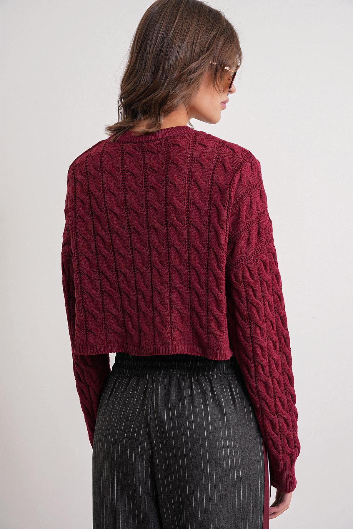 6863 Kadın Saç Örgülü Crop Triko Kazak Bordo