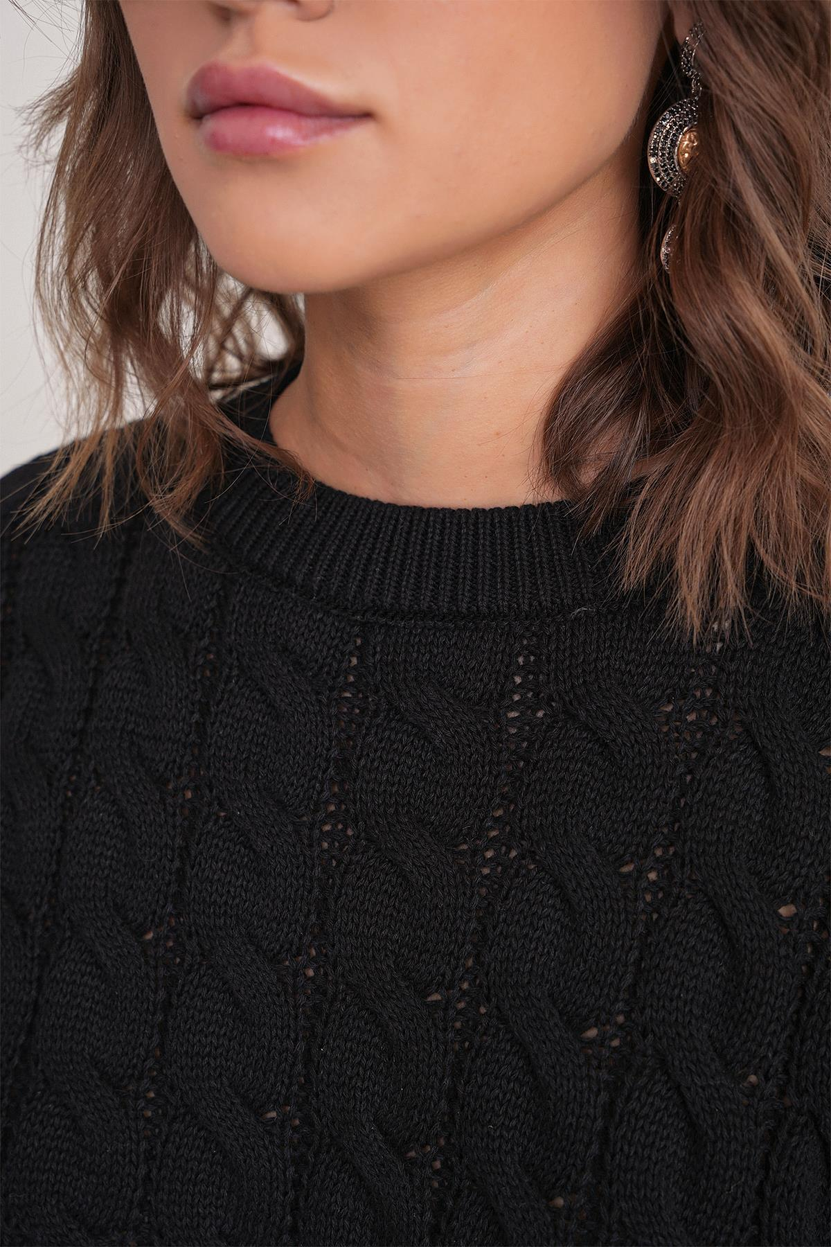 6863 Kadın Saç Örgülü Crop Triko Kazak Siyah