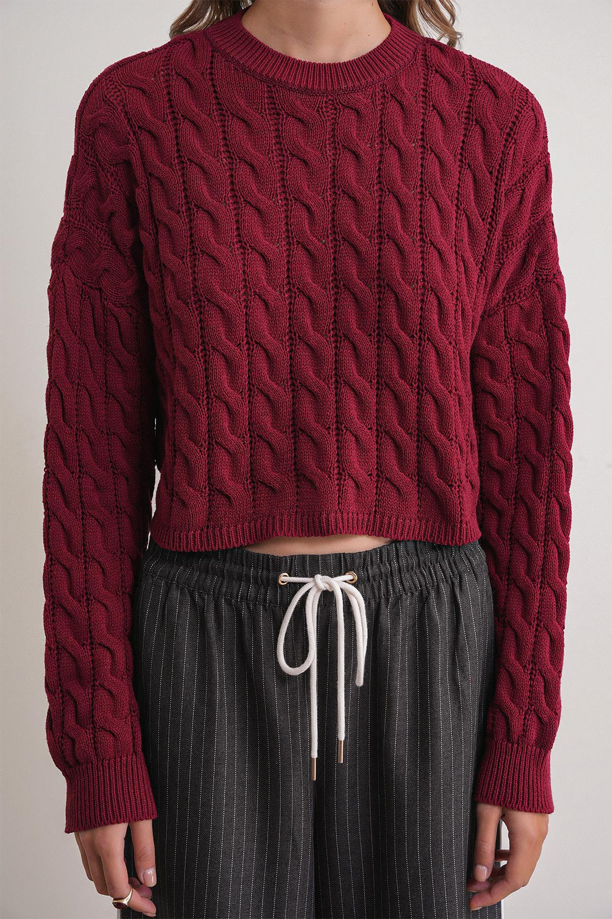 6863 Kadın Saç Örgülü Crop Triko Kazak Bordo