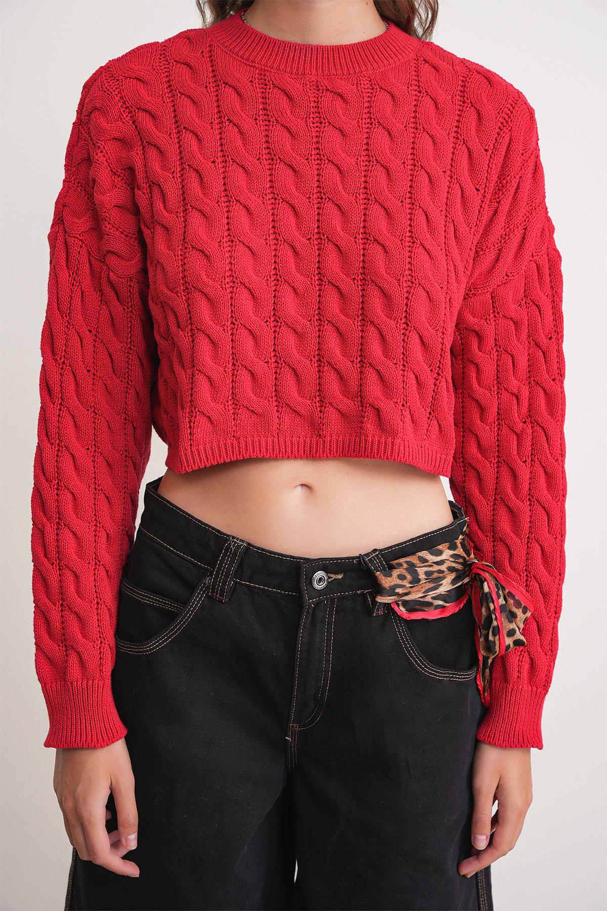 6863 Kadın Saç Örgülü Crop Triko Kazak Kırmızı