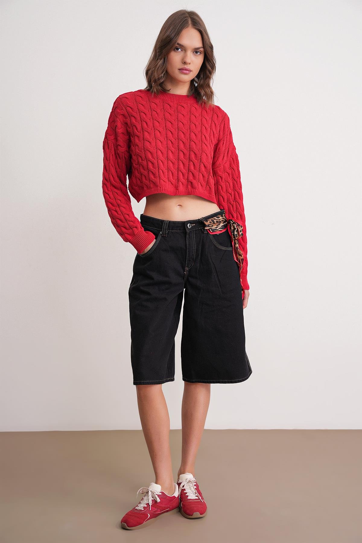 6863 Kadın Saç Örgülü Crop Triko Kazak Kırmızı