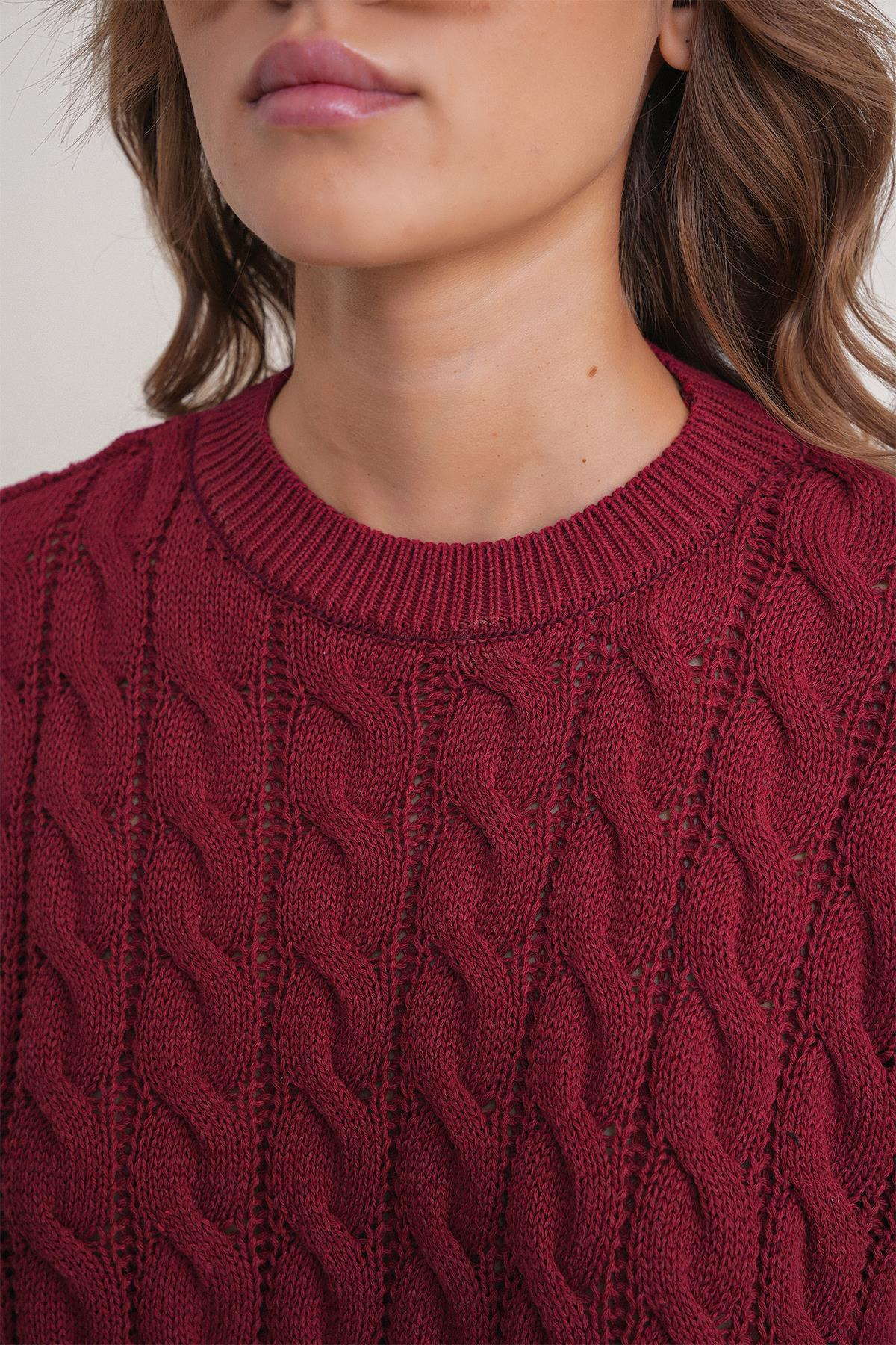 6863 Kadın Saç Örgülü Crop Triko Kazak Bordo