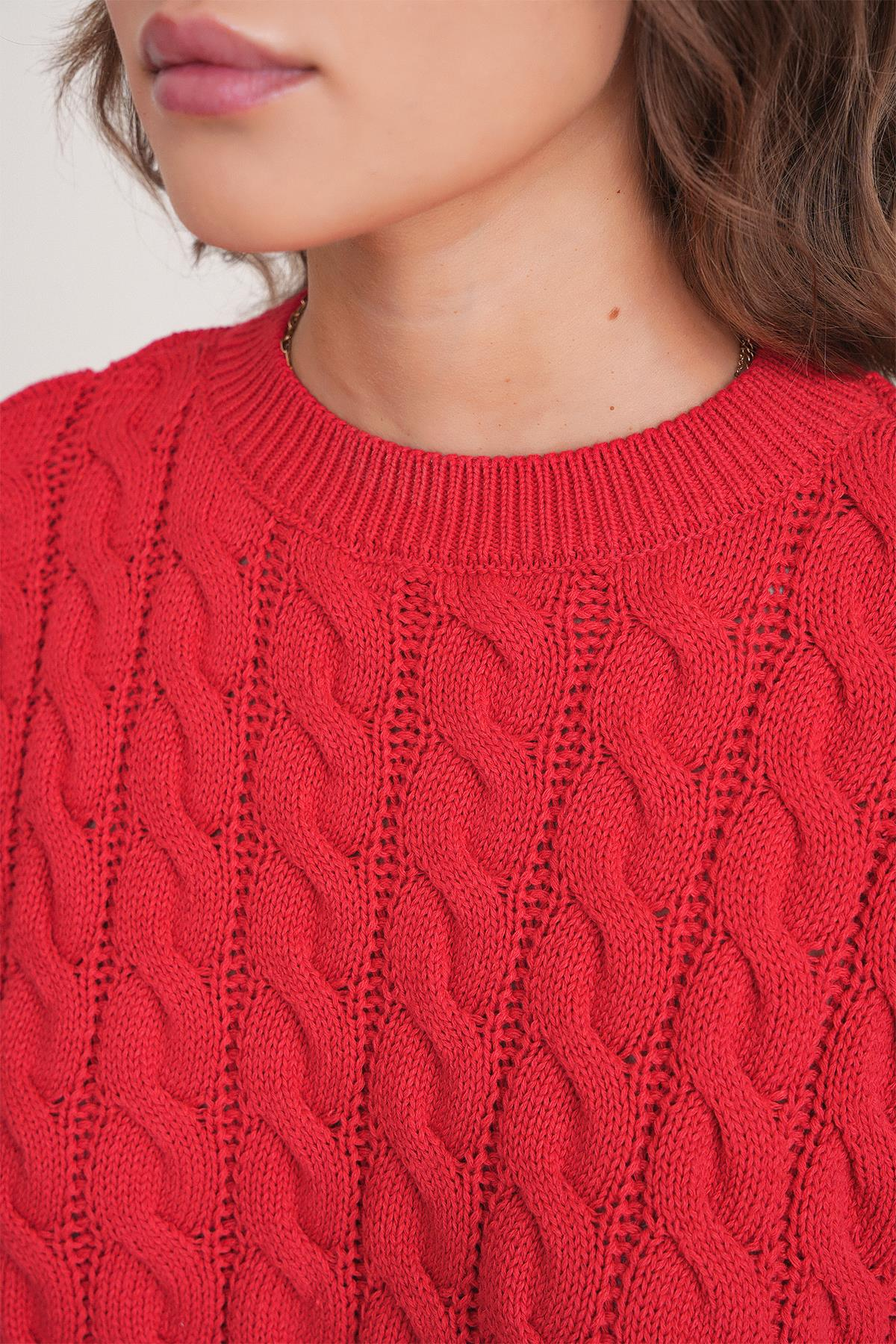 6863 Kadın Saç Örgülü Crop Triko Kazak Kırmızı