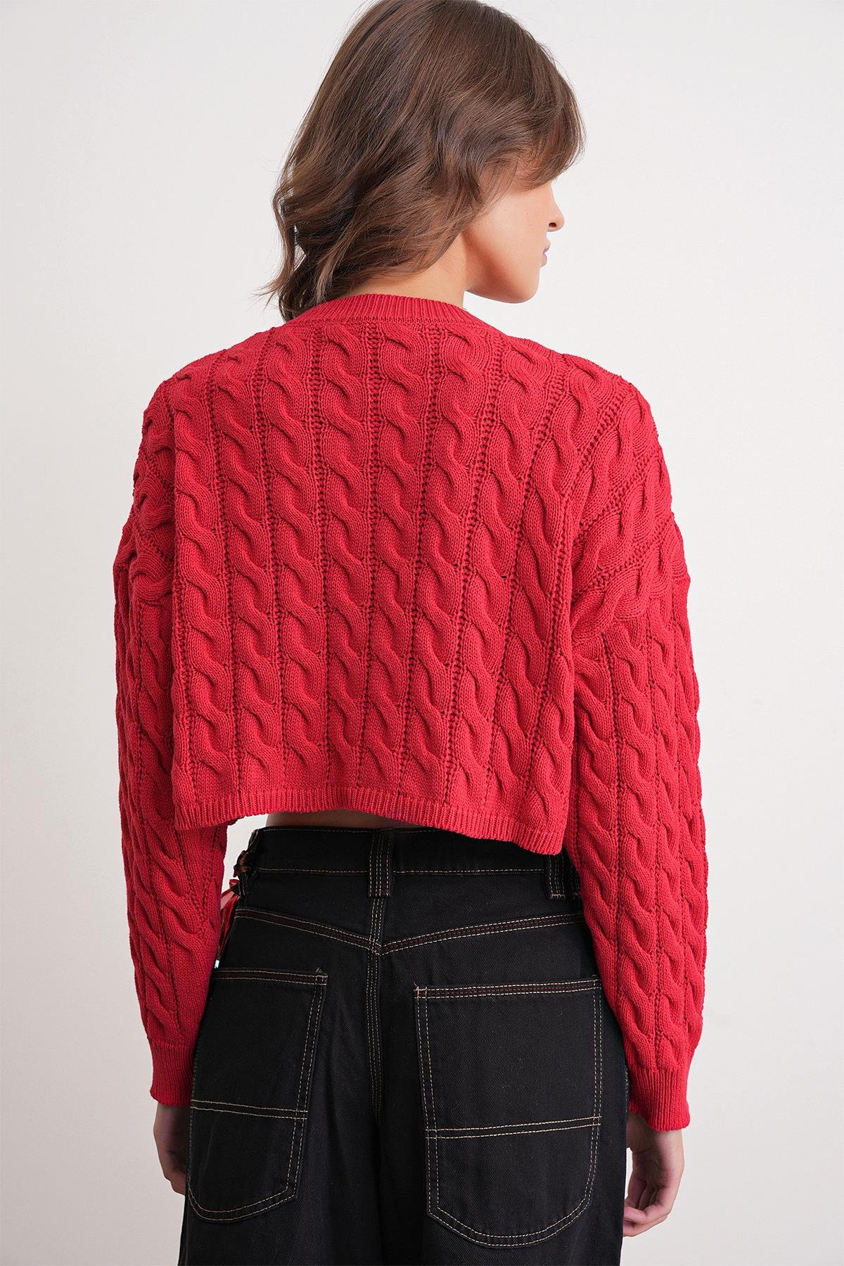 6863 Kadın Saç Örgülü Crop Triko Kazak Kırmızı