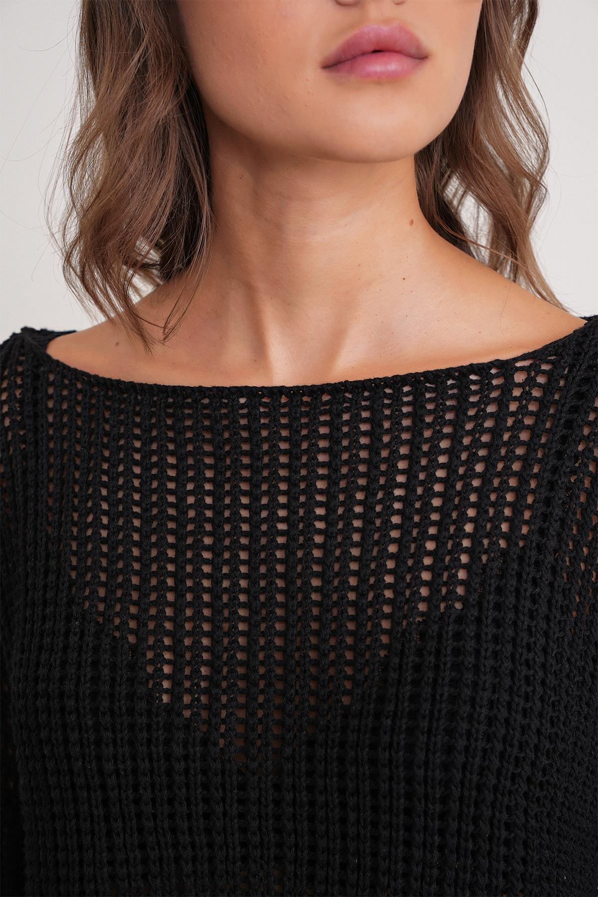 6864 Kadın Ajurlu File Mevsimlik Triko Kazak Siyah