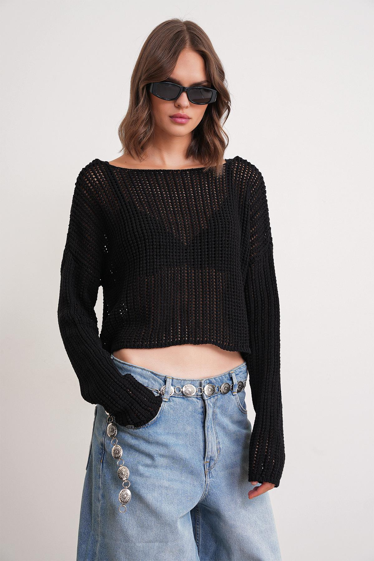 6864 Kadın Ajurlu File Mevsimlik Triko Kazak Siyah