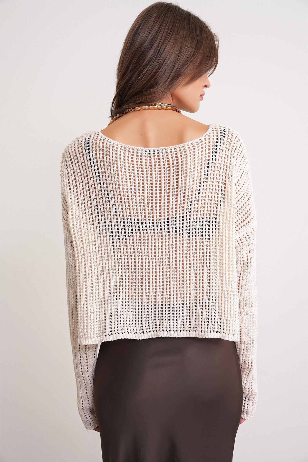 6864 Kadın Ajurlu File Mevsimlik Triko Kazak Kemik