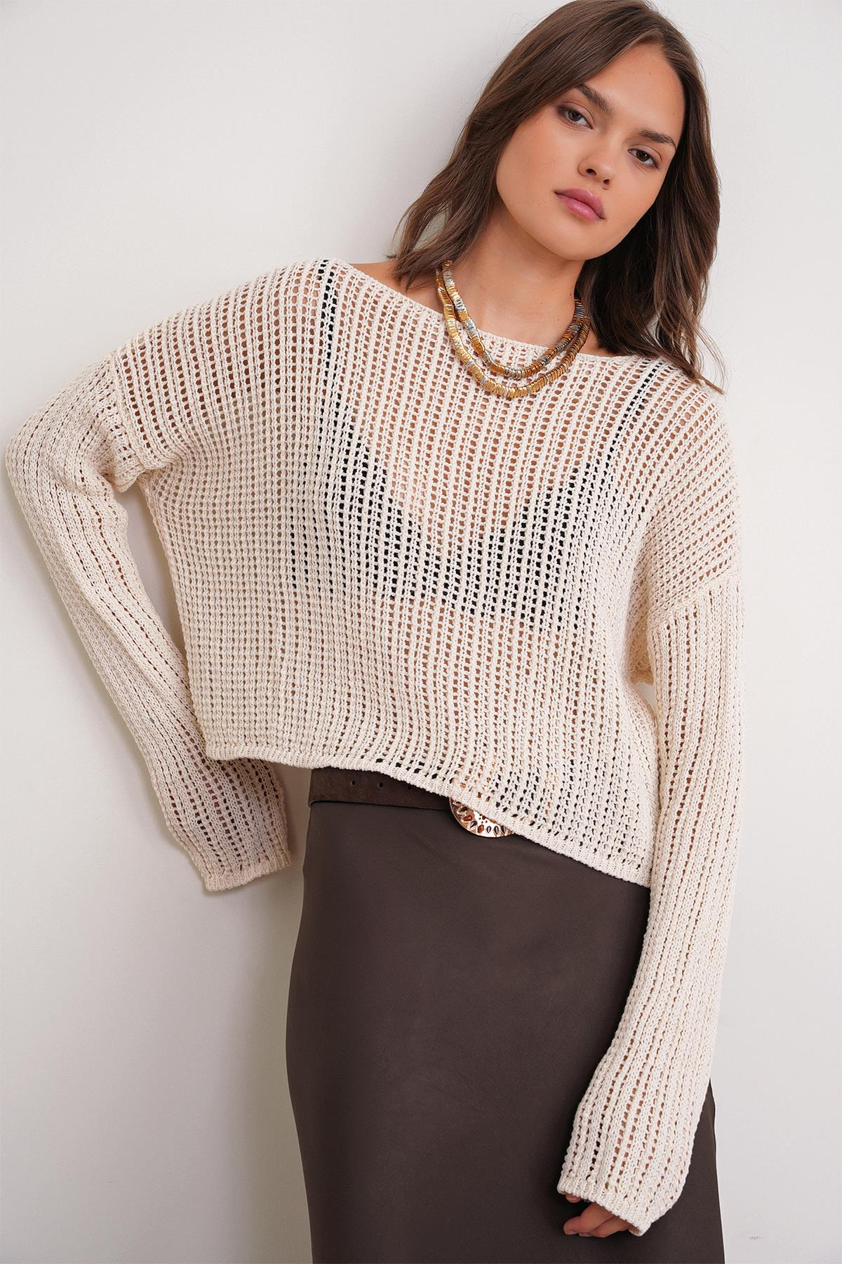 6864 Kadın Ajurlu File Mevsimlik Triko Kazak Kemik