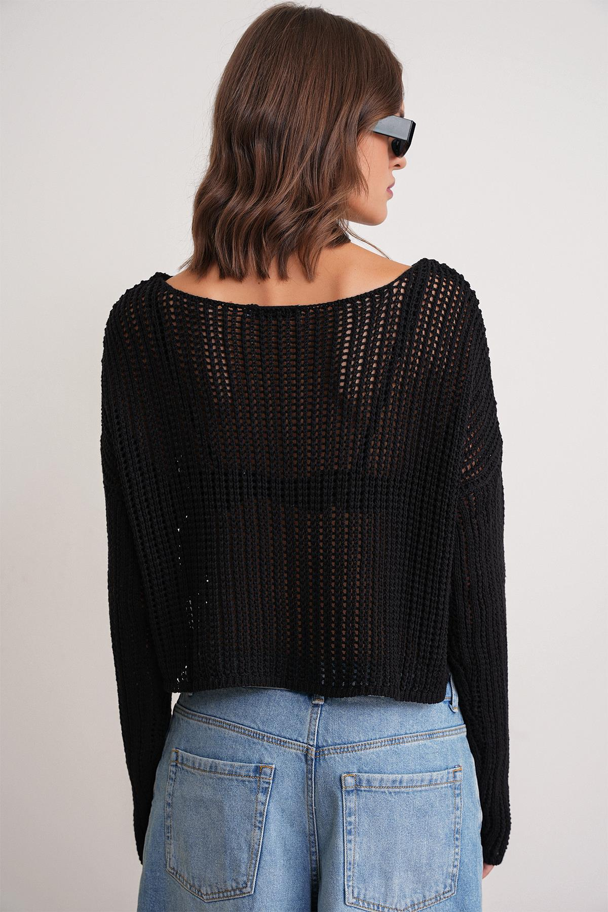 6864 Kadın Ajurlu File Mevsimlik Triko Kazak Siyah