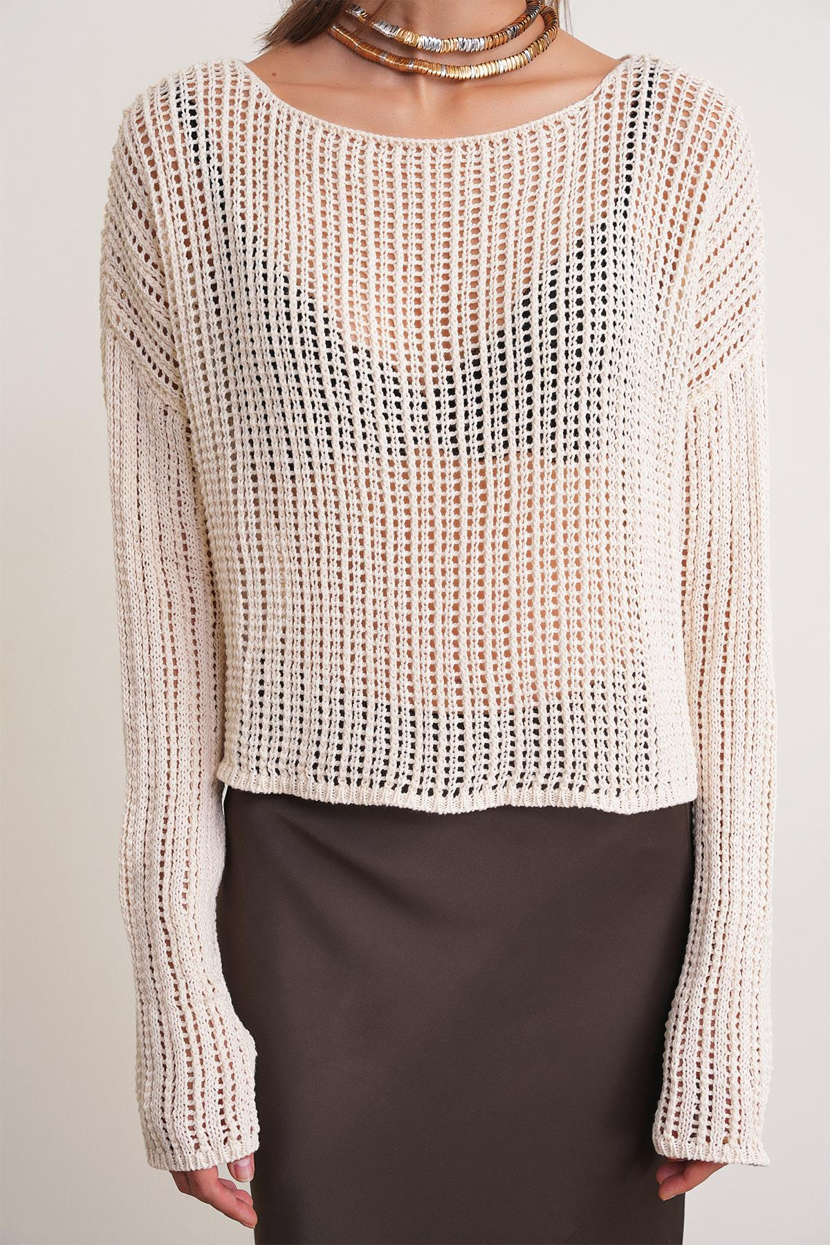 6864 Kadın Ajurlu File Mevsimlik Triko Kazak Kemik