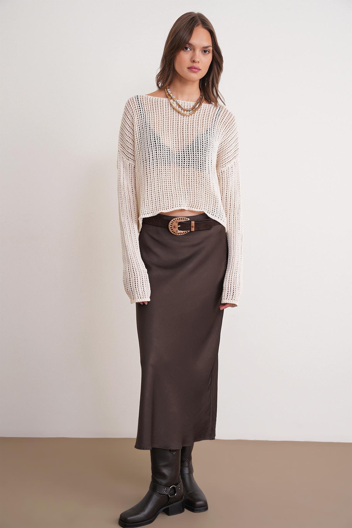 6864 Kadın Ajurlu File Mevsimlik Triko Kazak Kemik