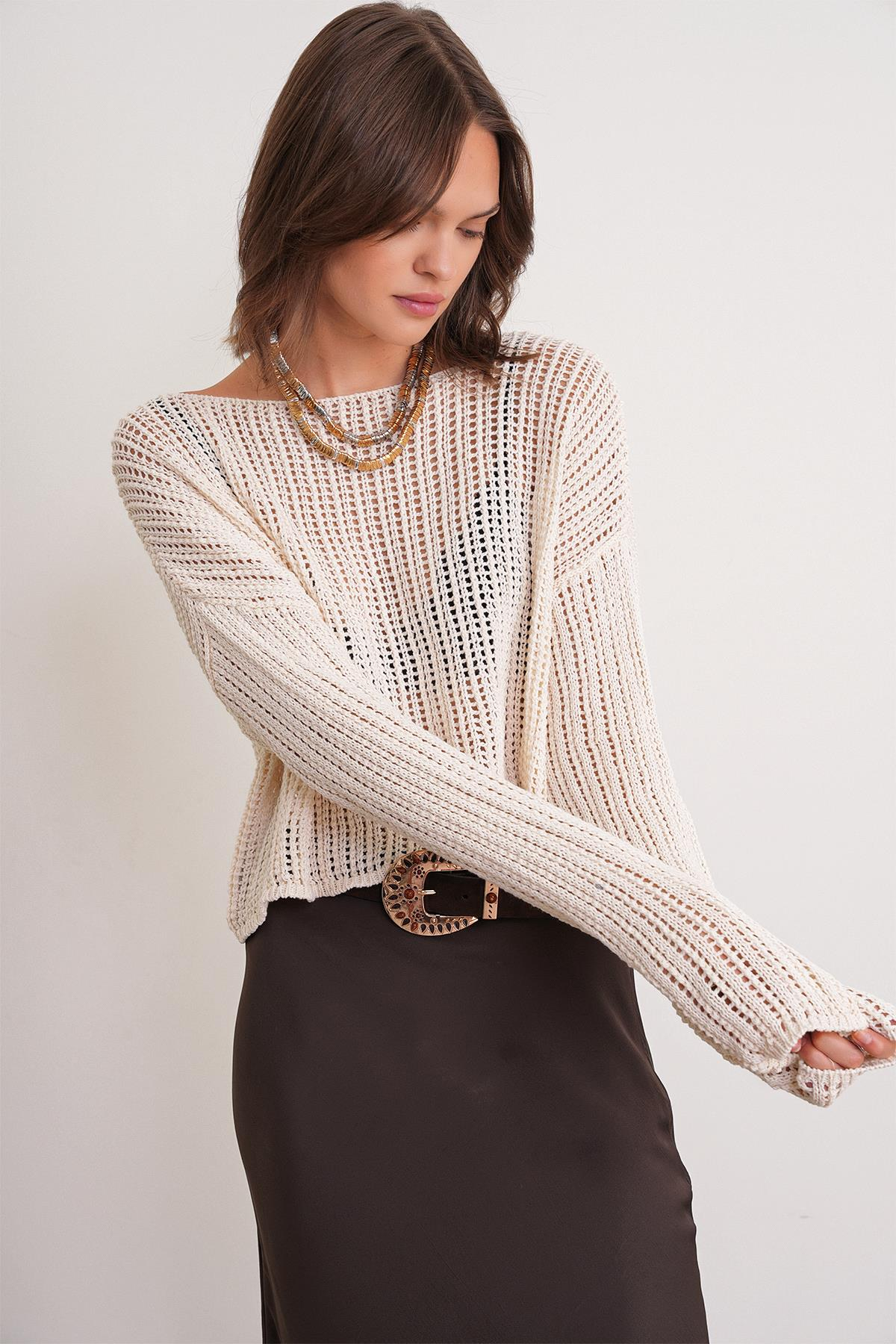 6864 Kadın Ajurlu File Mevsimlik Triko Kazak Kemik