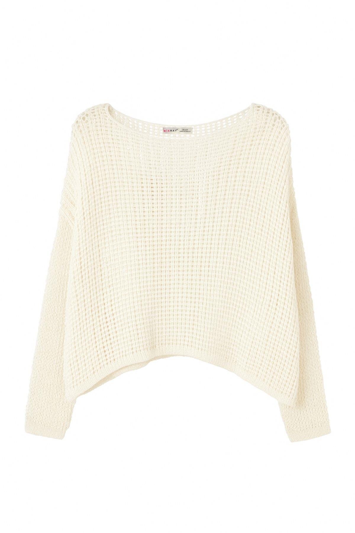 6864 Kadın Ajurlu File Mevsimlik Triko Kazak Beyaz