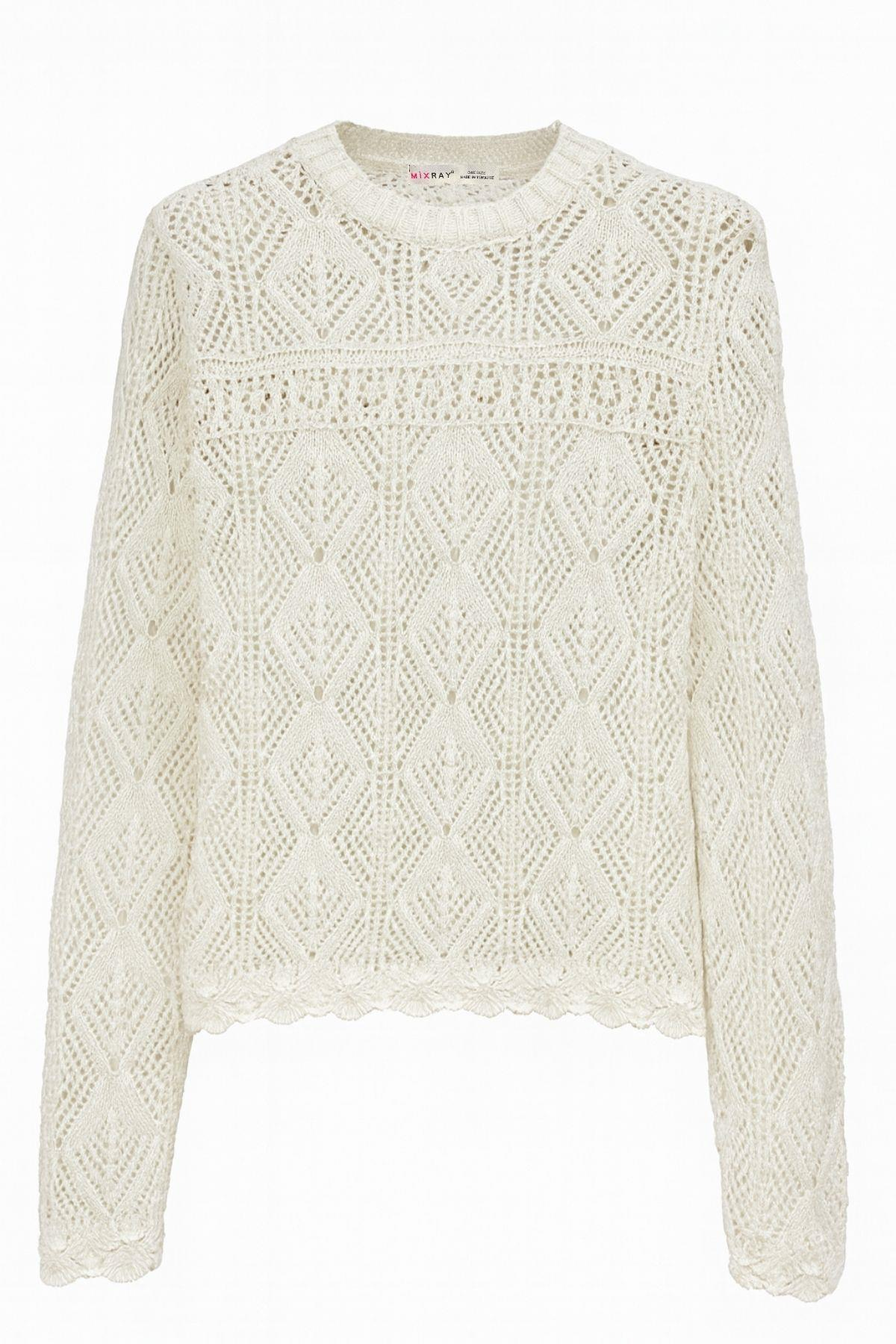 6867 Kadın Kare Desen Ajurlu Triko Kazak Beyaz