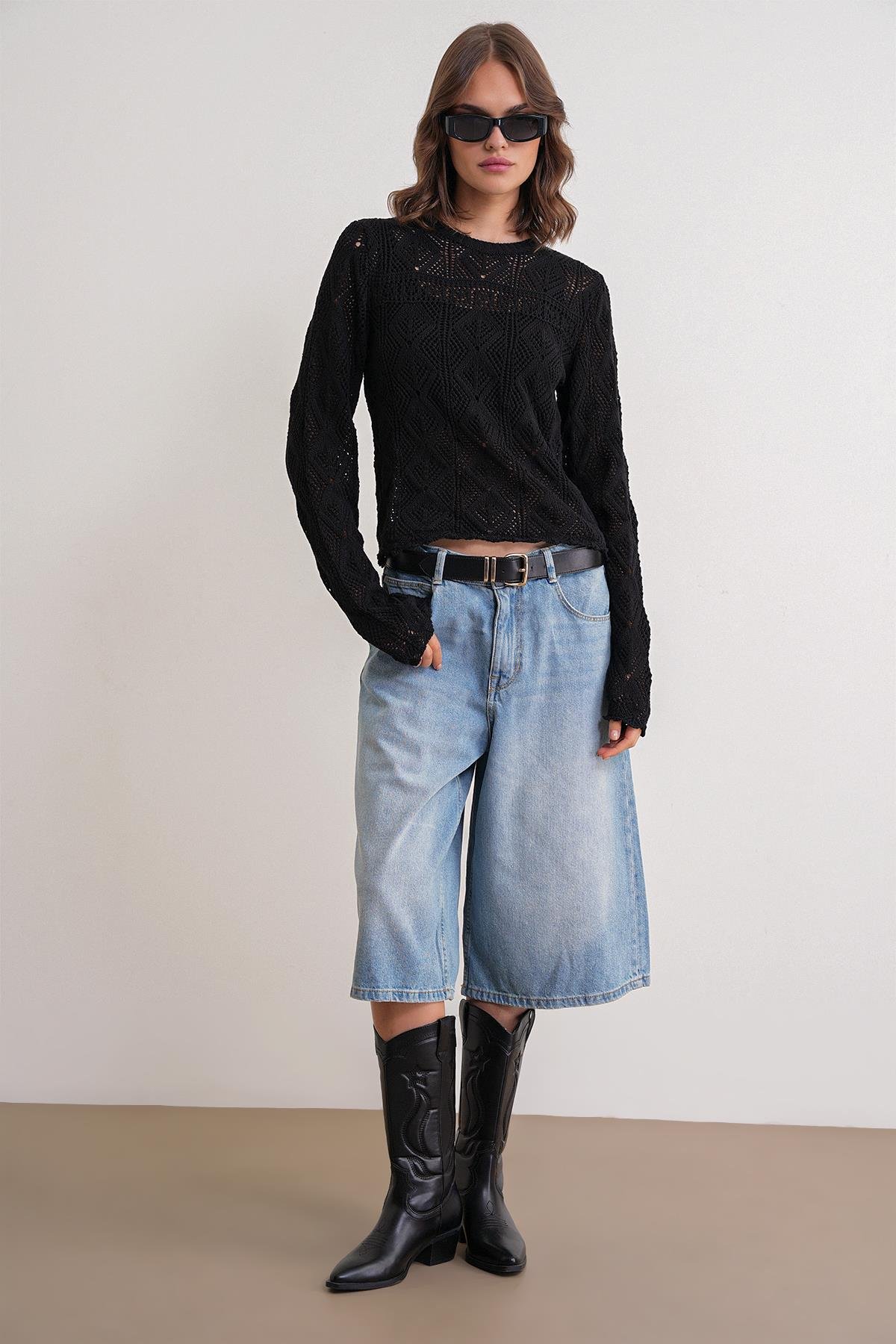 6867 Kadın Kare Desen Ajurlu Triko Kazak Siyah