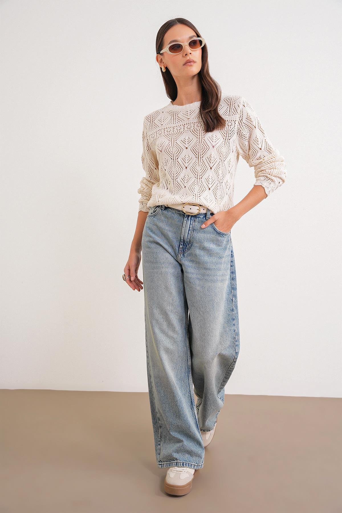 6867 Kadın Kare Desen Ajurlu Triko Kazak Naturel