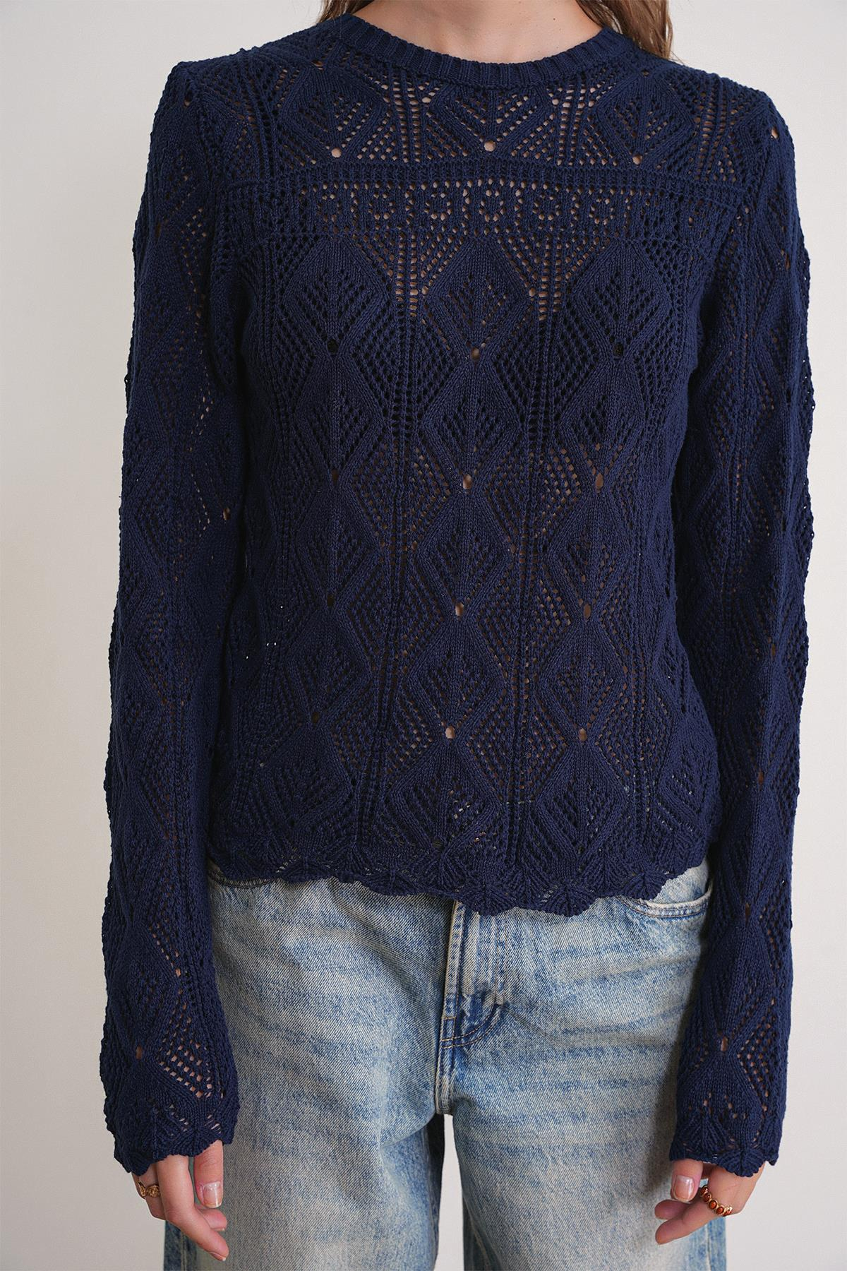 6867 Kadın Kare Desen Ajurlu Triko Kazak Lacivert