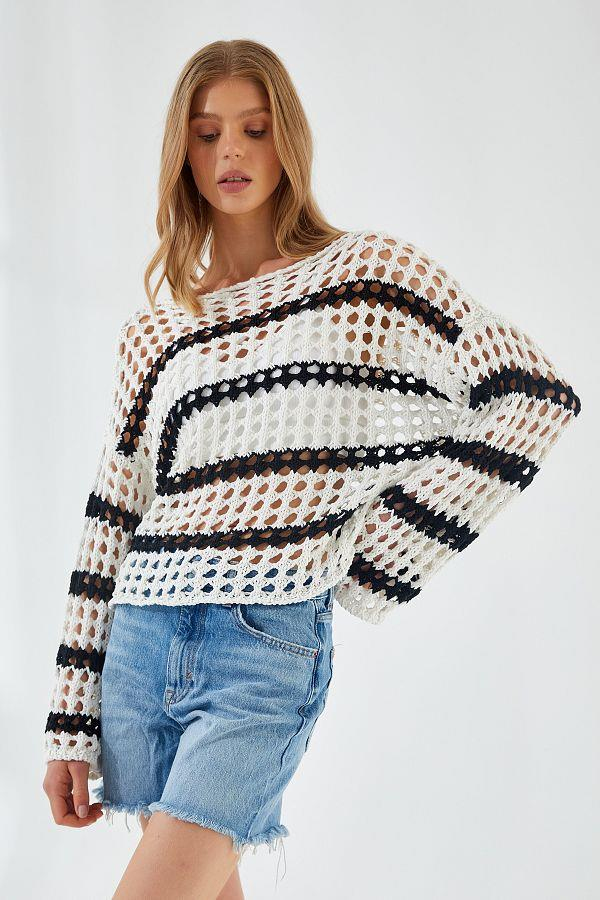 6877 Kadın Çizgili Ajurlu Kayık Yaka Triko Kazak Ekru