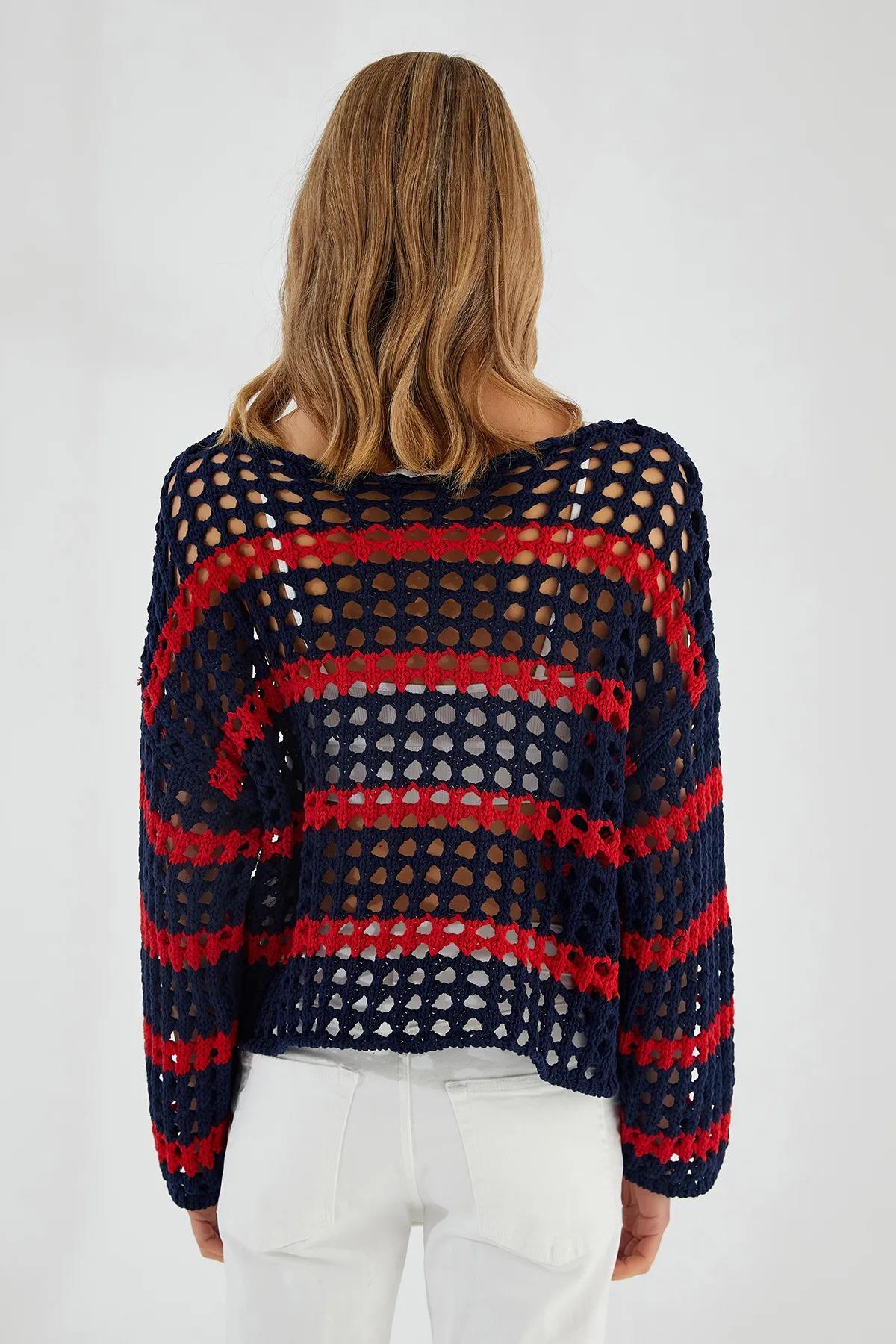 6877 Kadın Çizgili Ajurlu Kayık Yaka Triko Kazak Lacivert