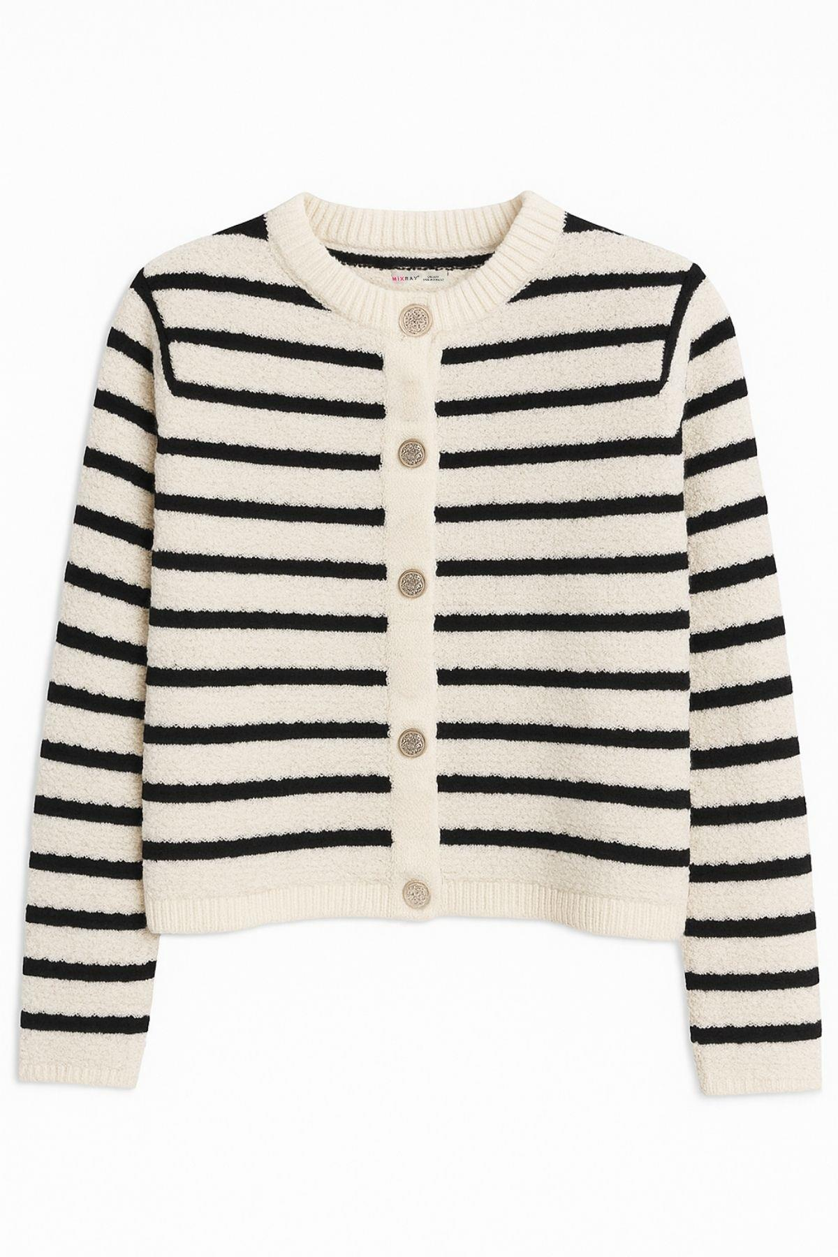 6878 Kadın Çizgili Pirinç Triko Hırka Naturel