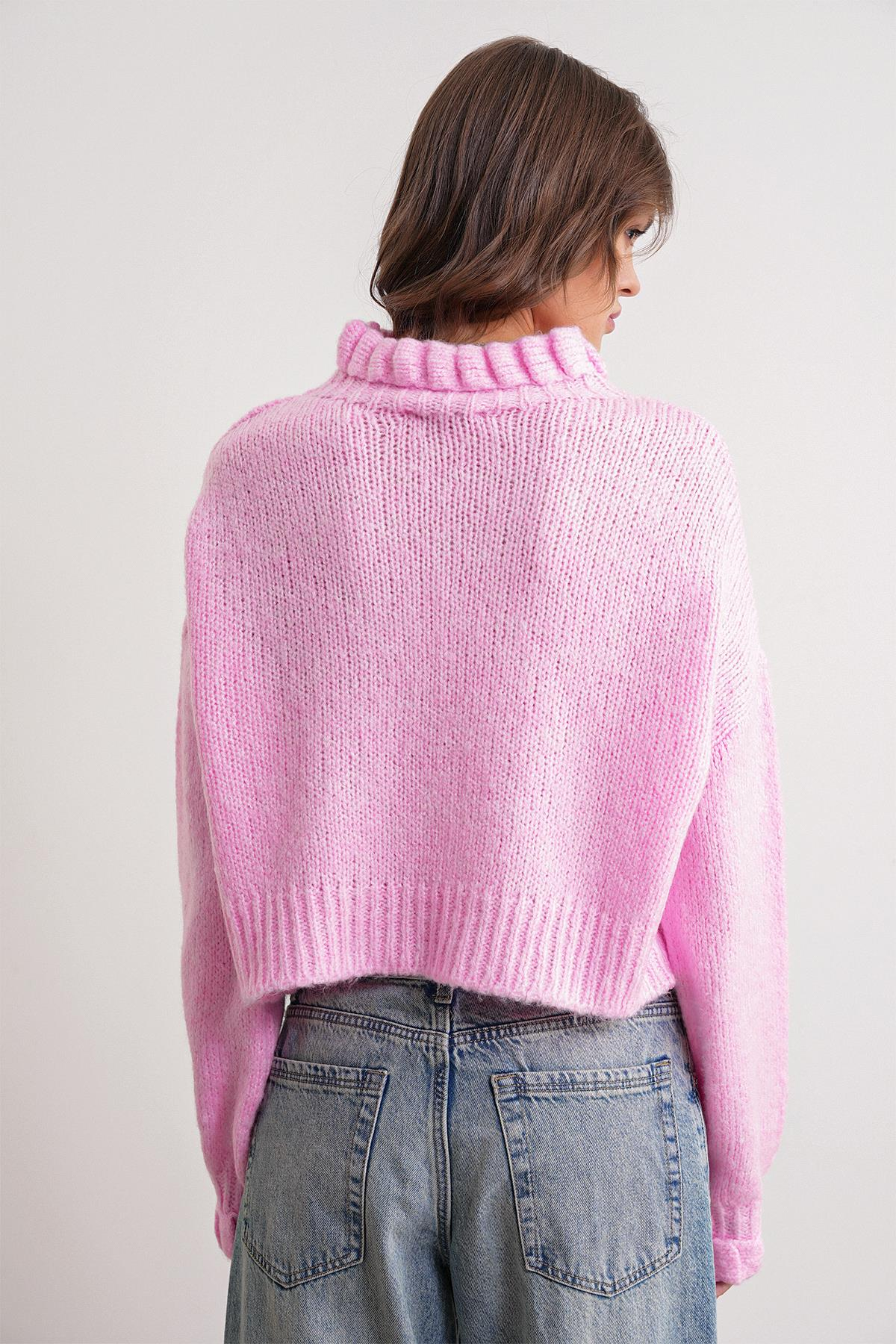 6883 Kadın Fırfır Detay Crop Triko Kazak Pembe