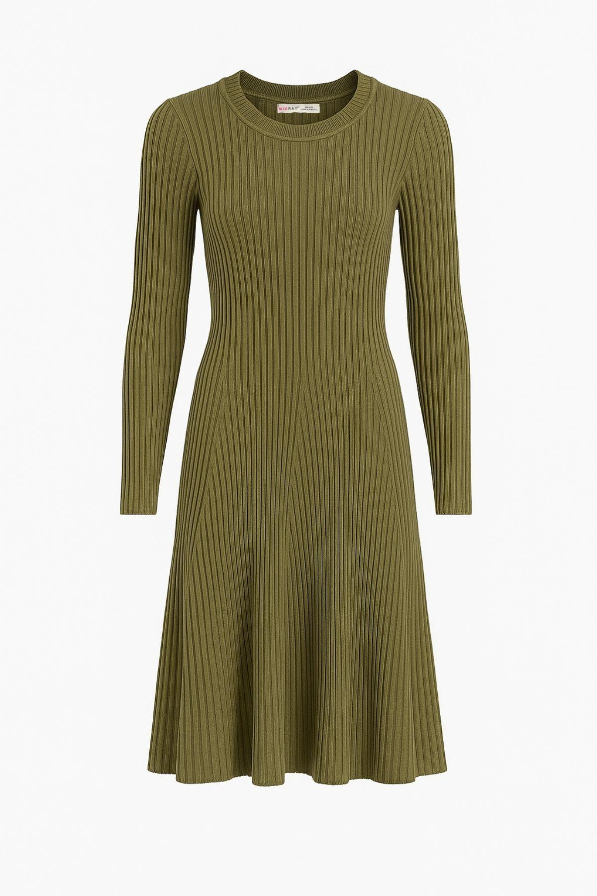 6888 Kadın Bisiklet Yaka Triko Elbise Haki