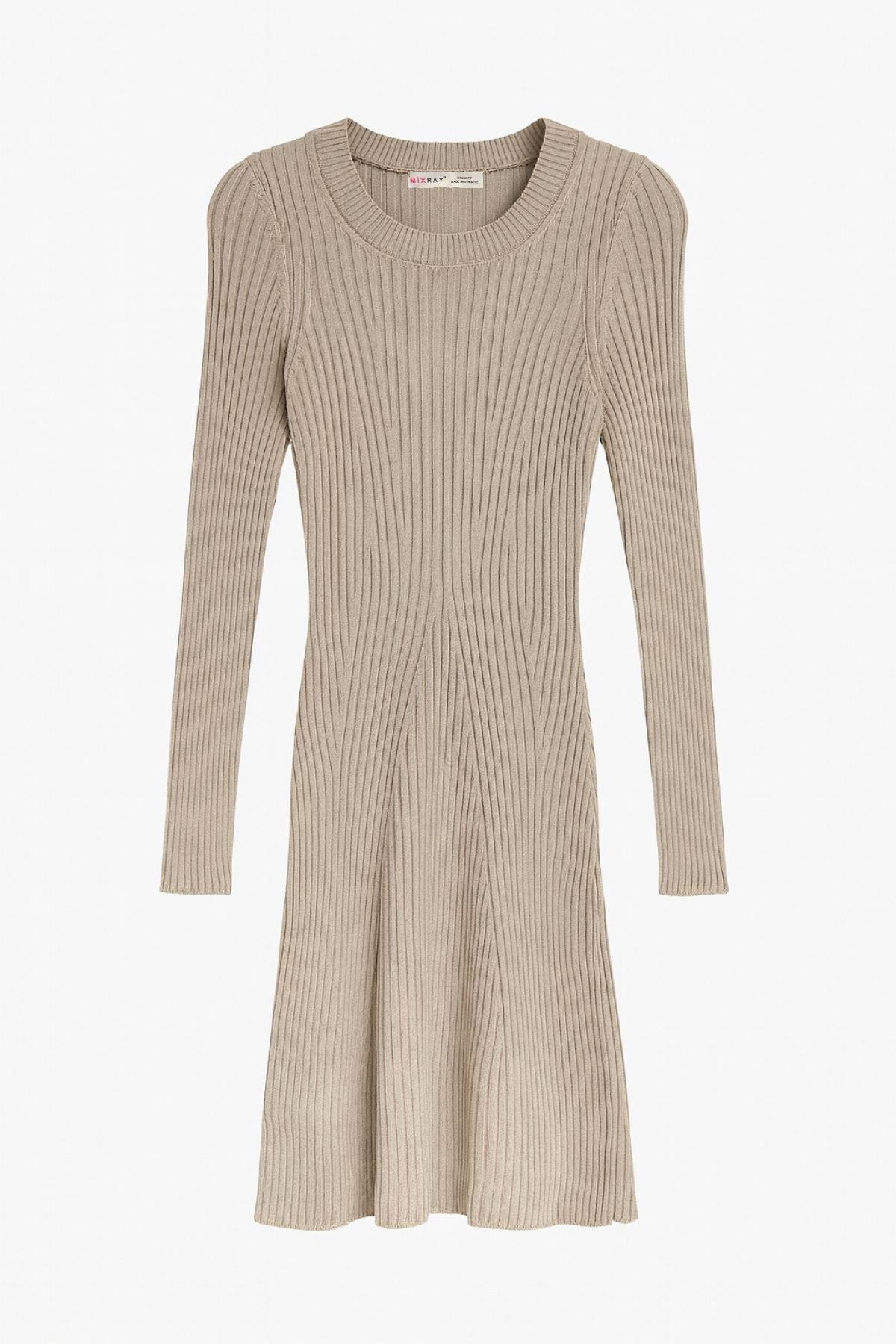 6888 Kadın Bisiklet Yaka Triko Elbise Vizon