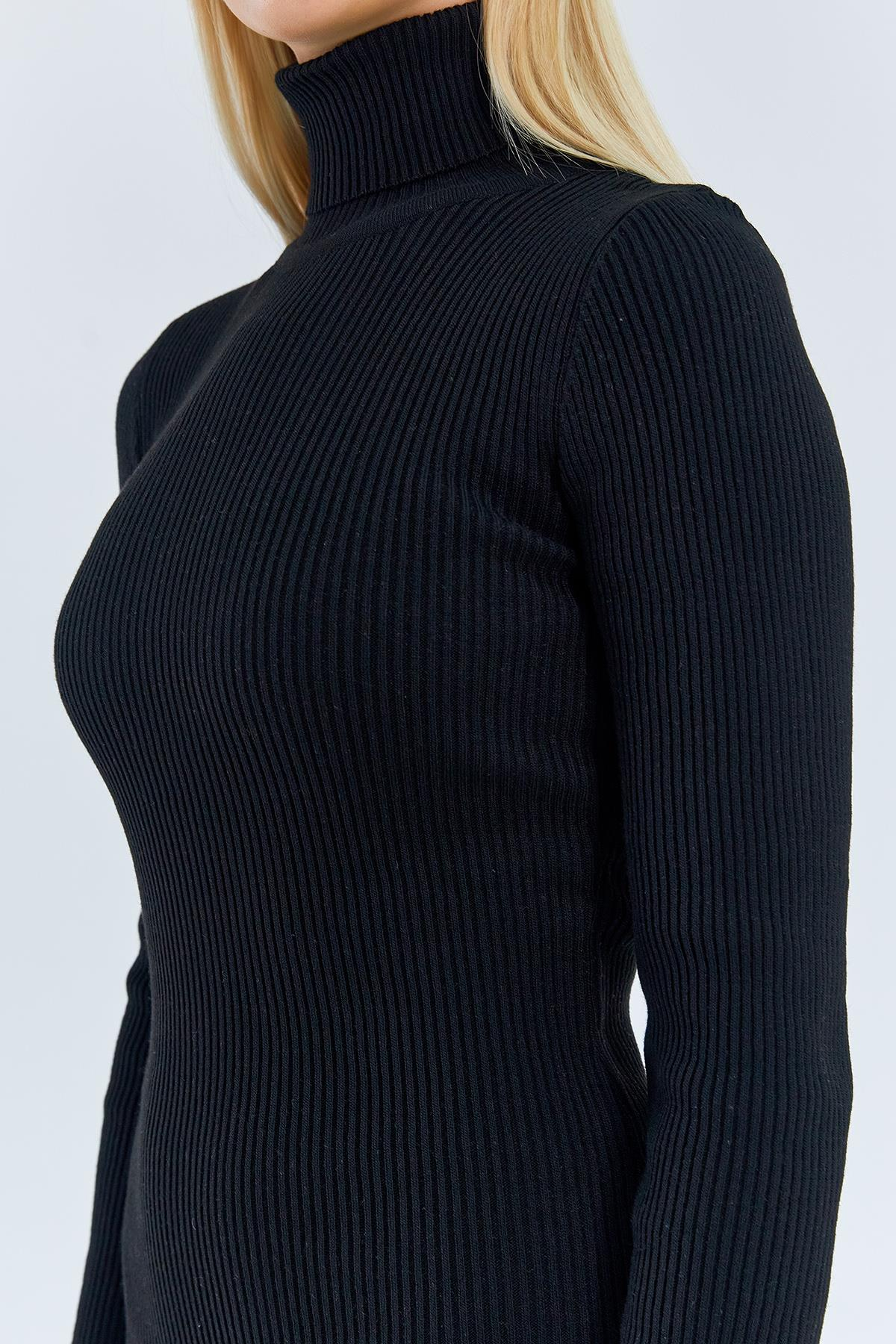 6889 Kadın Balıkçı Yırtmaçlı Uzun Triko Elbise Siyah