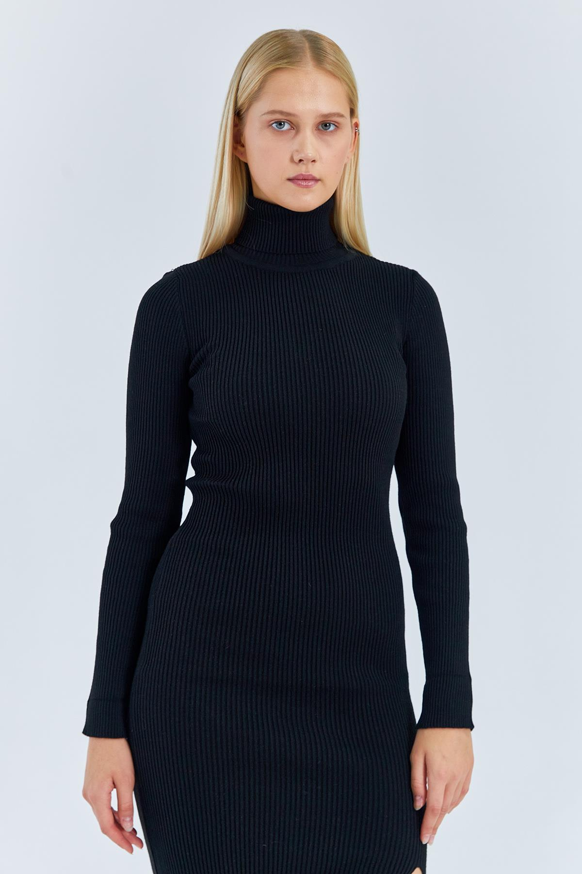 6889 Kadın Balıkçı Yırtmaçlı Uzun Triko Elbise Siyah