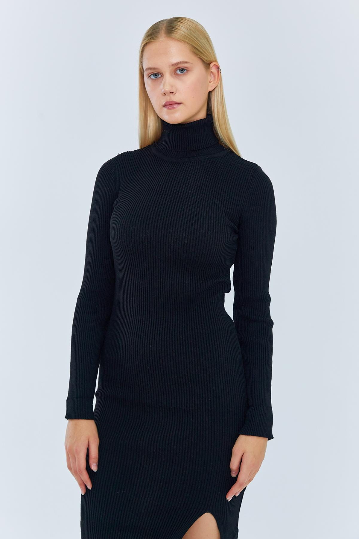 6889 Kadın Balıkçı Yırtmaçlı Uzun Triko Elbise Siyah