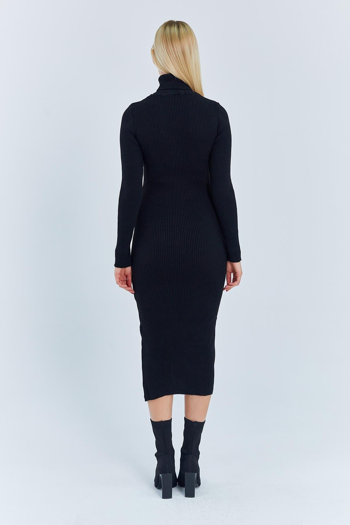 6889 Kadın Balıkçı Yırtmaçlı Uzun Triko Elbise Siyah