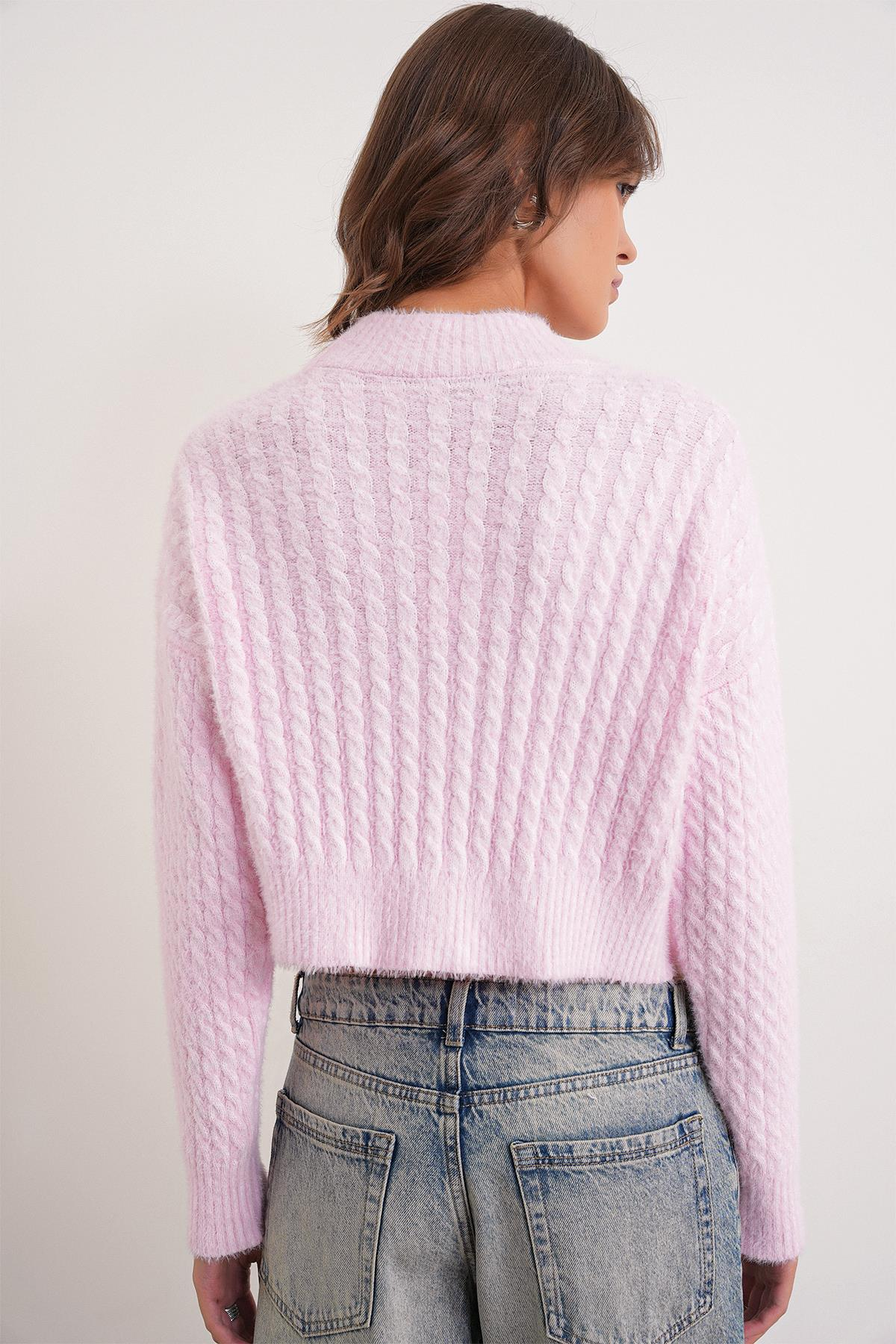 6893 Kadın Saç Örgülü Sakallı Crop Triko Kazak Pembe