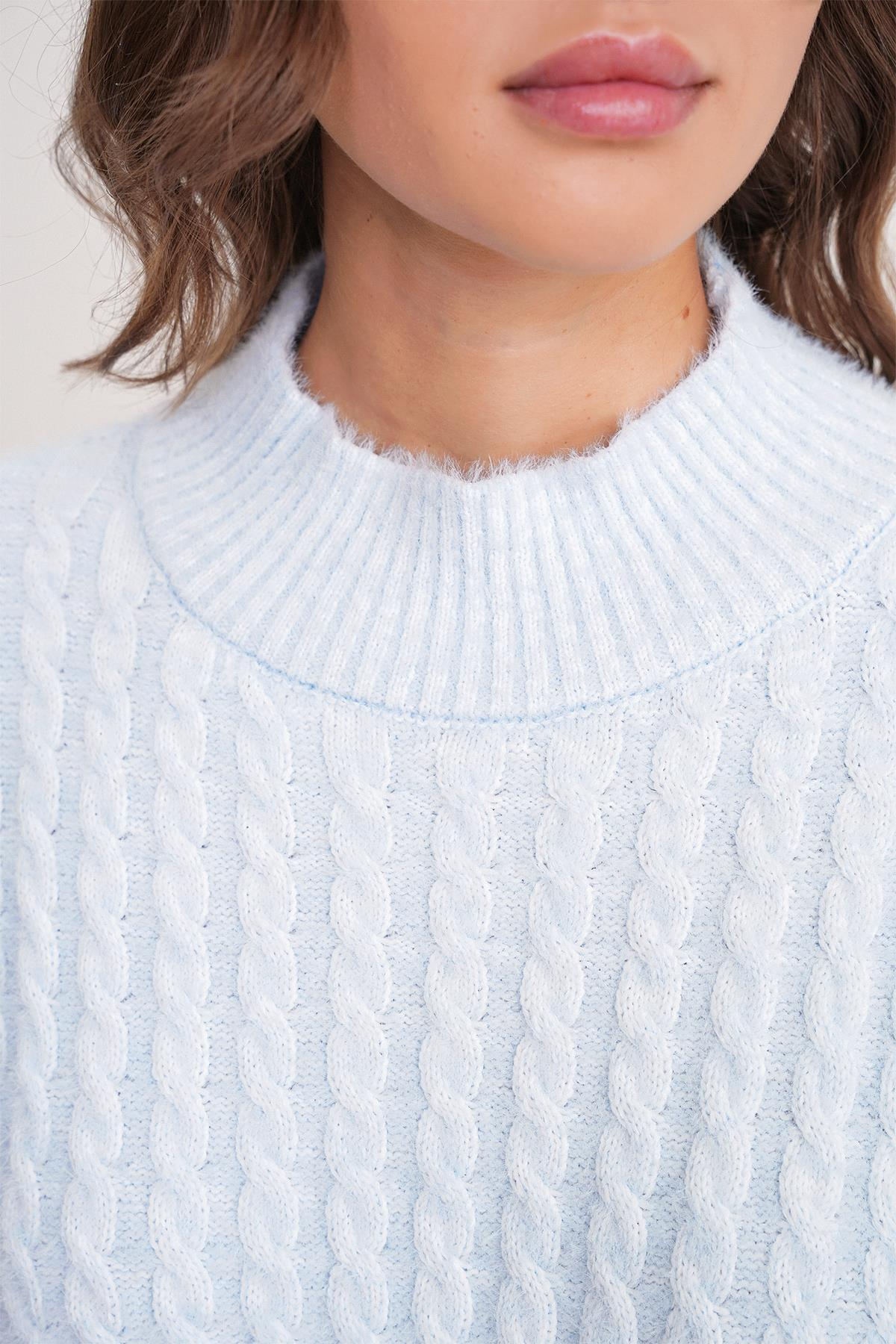 6893 Kadın Saç Örgülü Sakallı Crop Triko Kazak Bebe Mavi