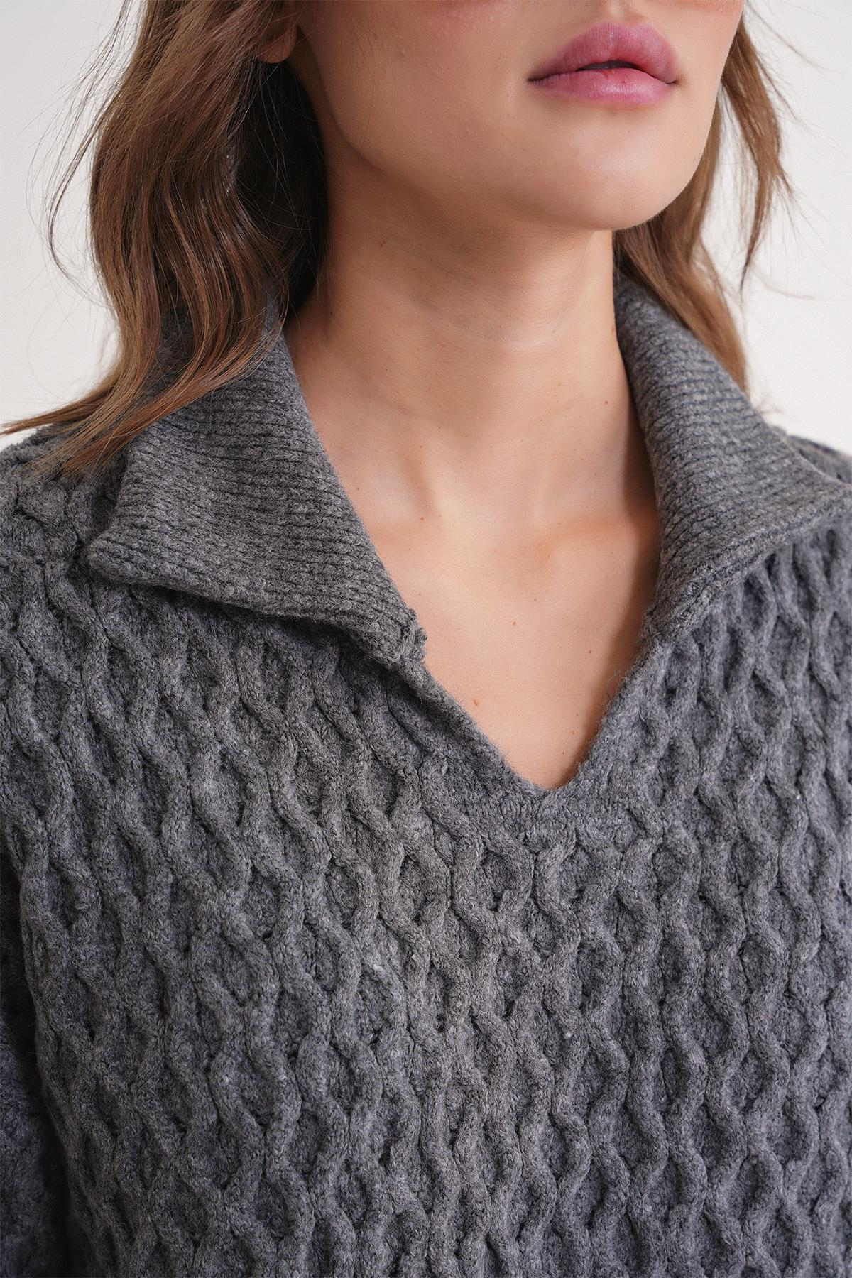 6896 Kadın Örgü Detaylı Crop Triko Kazak Antrasit