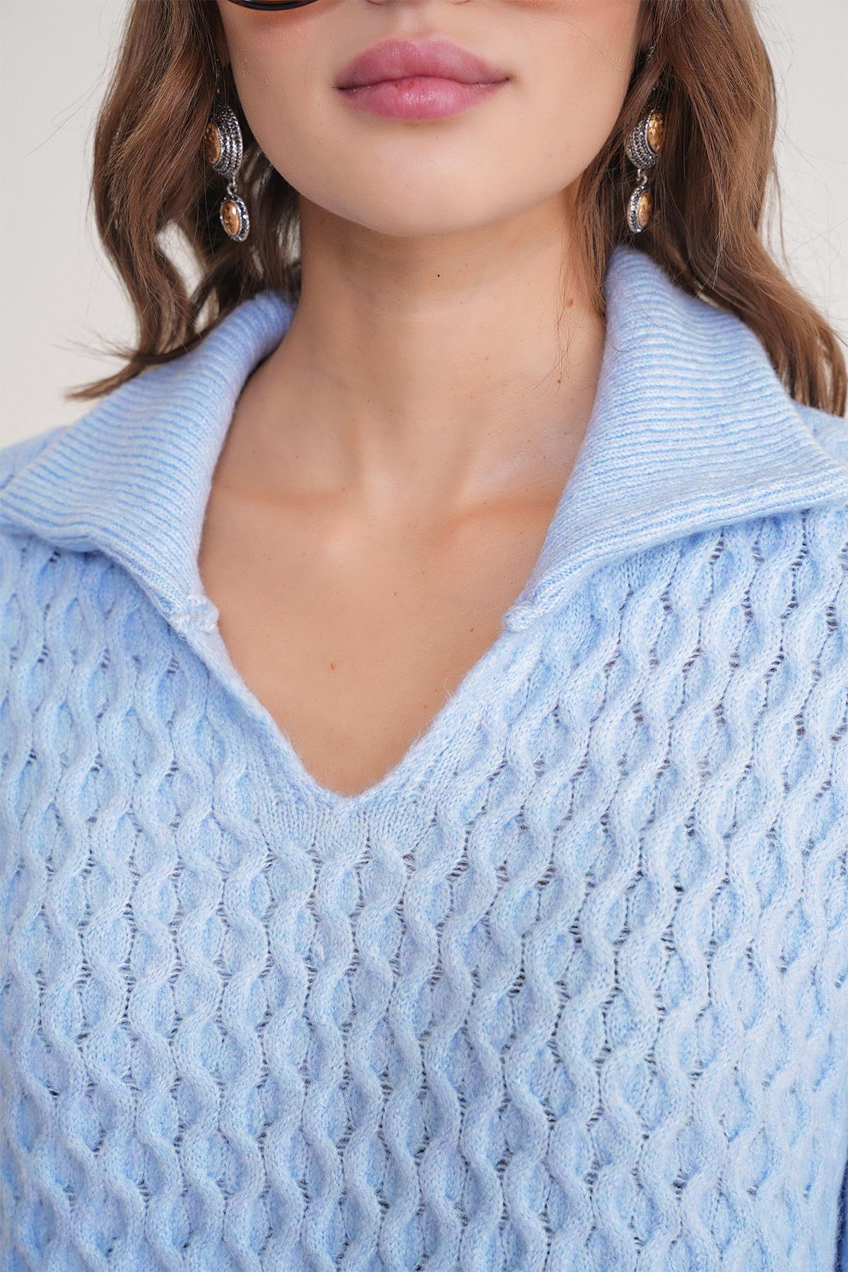 6896 Kadın Örgü Detaylı Crop Triko Kazak Bebe Mavi